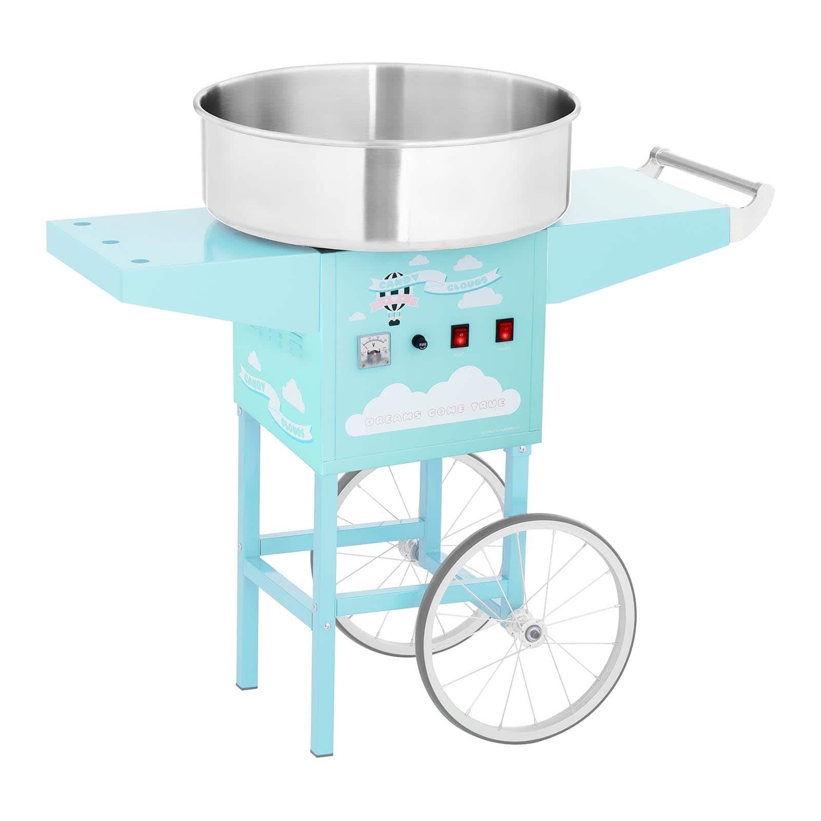 دستگاه پشمک ساز Royal Catering با چرخ دستی RCZC-1200-BG (1200 وات، قطر 52 سانتی متر، 1 واحد / 30-60 ثانیه، ترموستات کنترل و چرخش جداگانه، شامل قاشق اندازه گیری) فیروزه ای