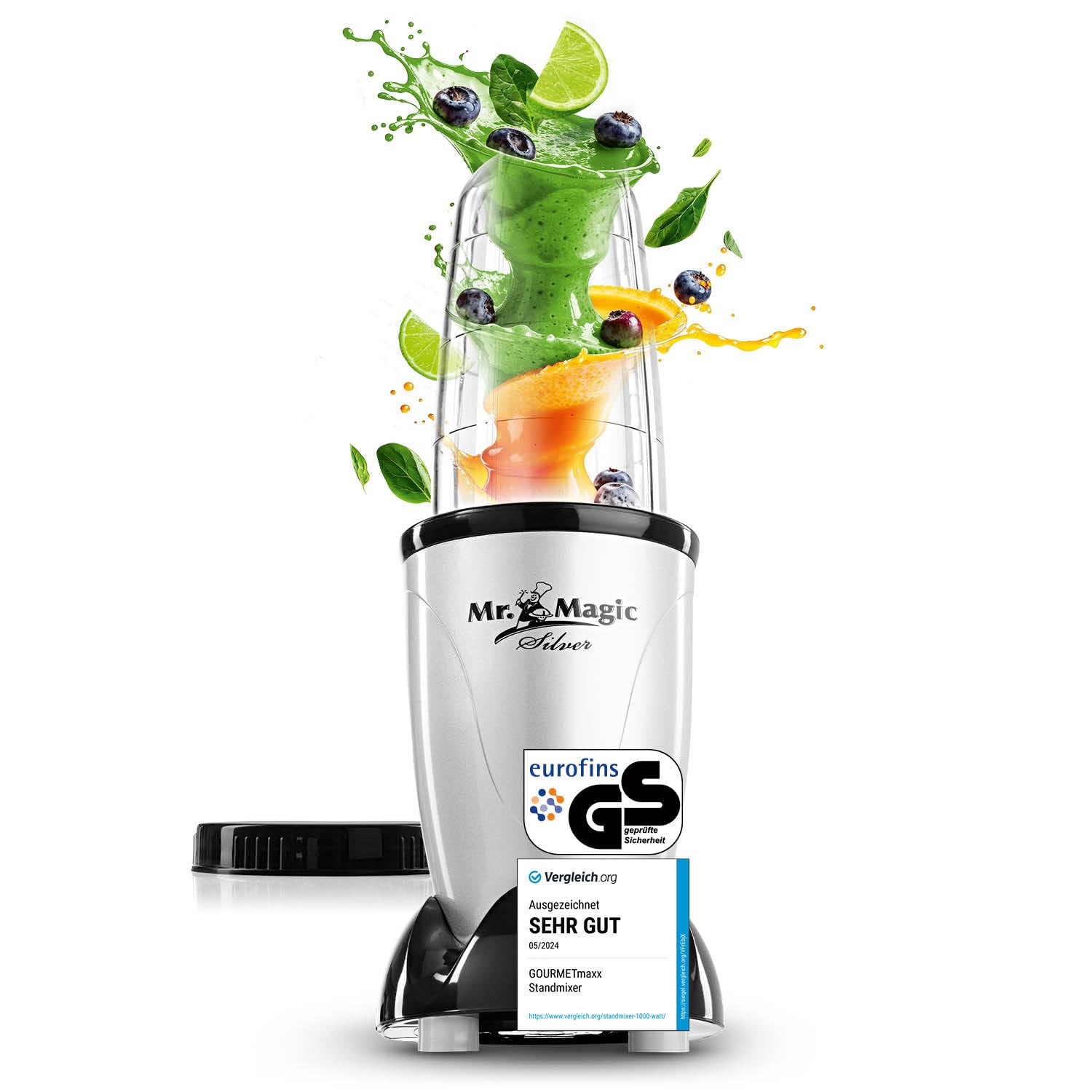 اسموتی ساز گورمت‌ مکس آلمان GOURMETmaxx آقای مجیک | اسموتی ساز - 4 تکه | همزن ایستاده با پیمانه و درب ضد هوا | مخلوط کن با 8 عملکرد | غذاساز برای شیک، اسموتی، شات و غیره. آقای مجیک | 400 وات | مجموعه M نقره‌ای | مشکی