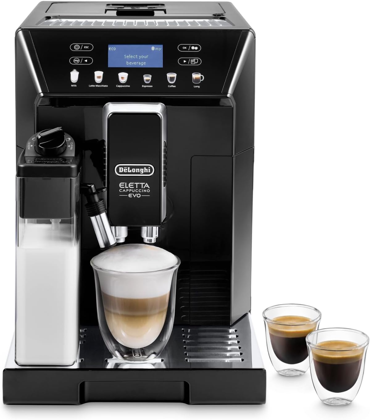 اسپرسو ساز قهوه ساز تمام اتوماتیک دلونگی ایتالیا DeLonghi Eletta Evo ECAM 46.860.B با سیستم شیر LatteCrema، کاپوچینو و اسپرسو با لمس یک دکمه، نمایشگر LCD و دکمه های لمسی سنسور، مشکی