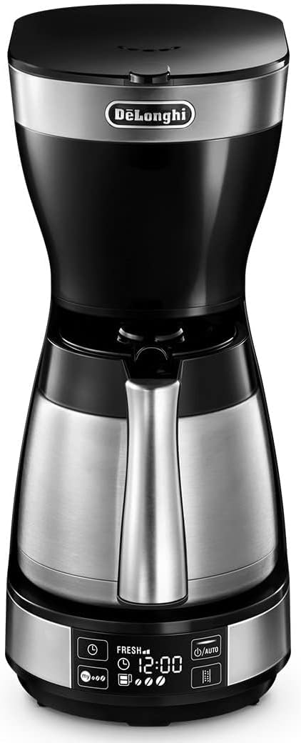 قهوه ساز دلونگی ایتالیا DeLonghi ICM16731 قهوه ساز فیلتردار با نمایشگر LCD تا 10 فنجان، 1.25 لیتر، 1200 وات، نقره ای/مشکی