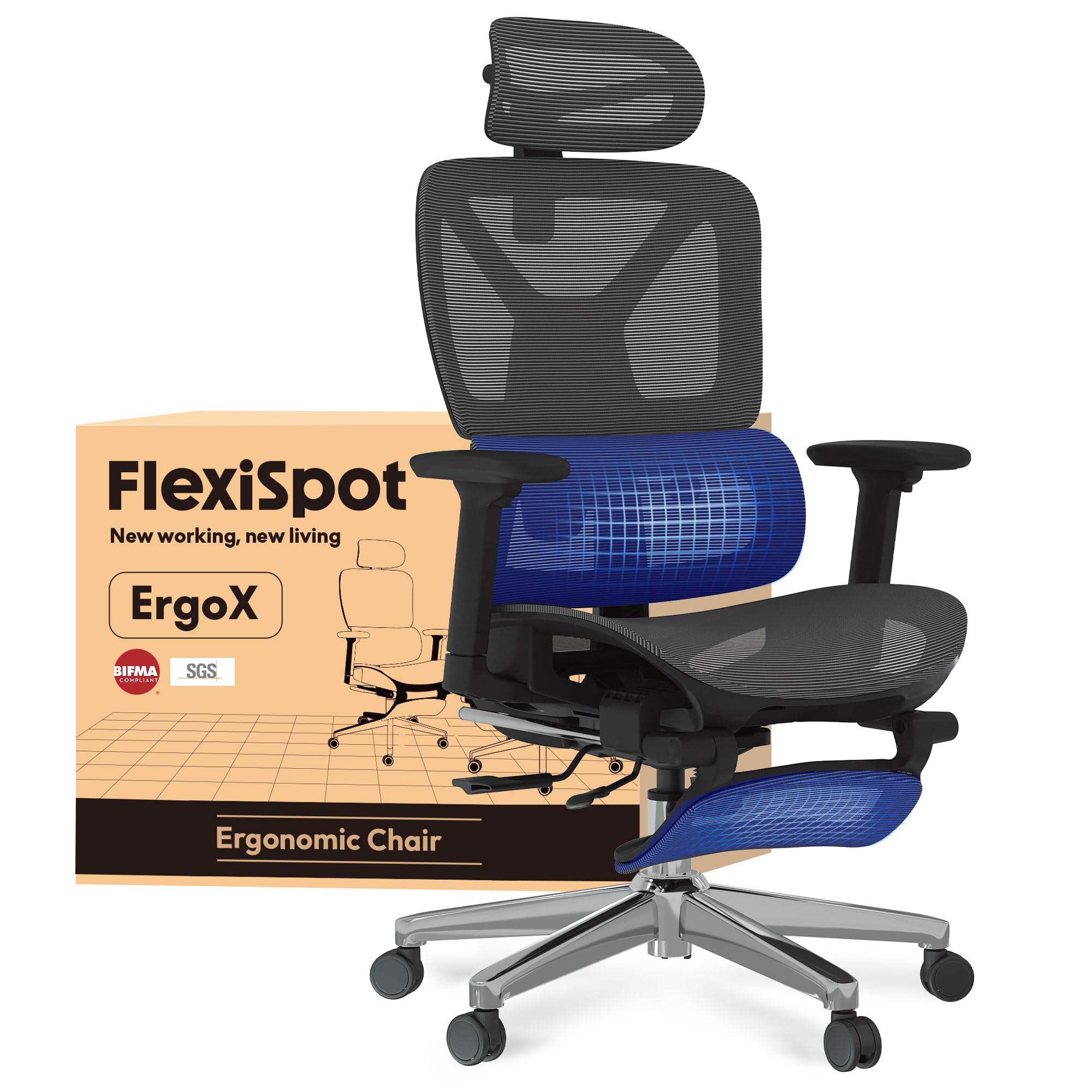 صندلی اداری FLEXISPOT ErgoX Pro با زیرپایی، دسته‌های سه‌بعدی، صندلی ارگونومیک گردان مشبک، قابلیت تنظیم ارتفاع با تکیه‌گاه سر و پشتیبانی مستقل از کمر، خاکستری Lite Pro