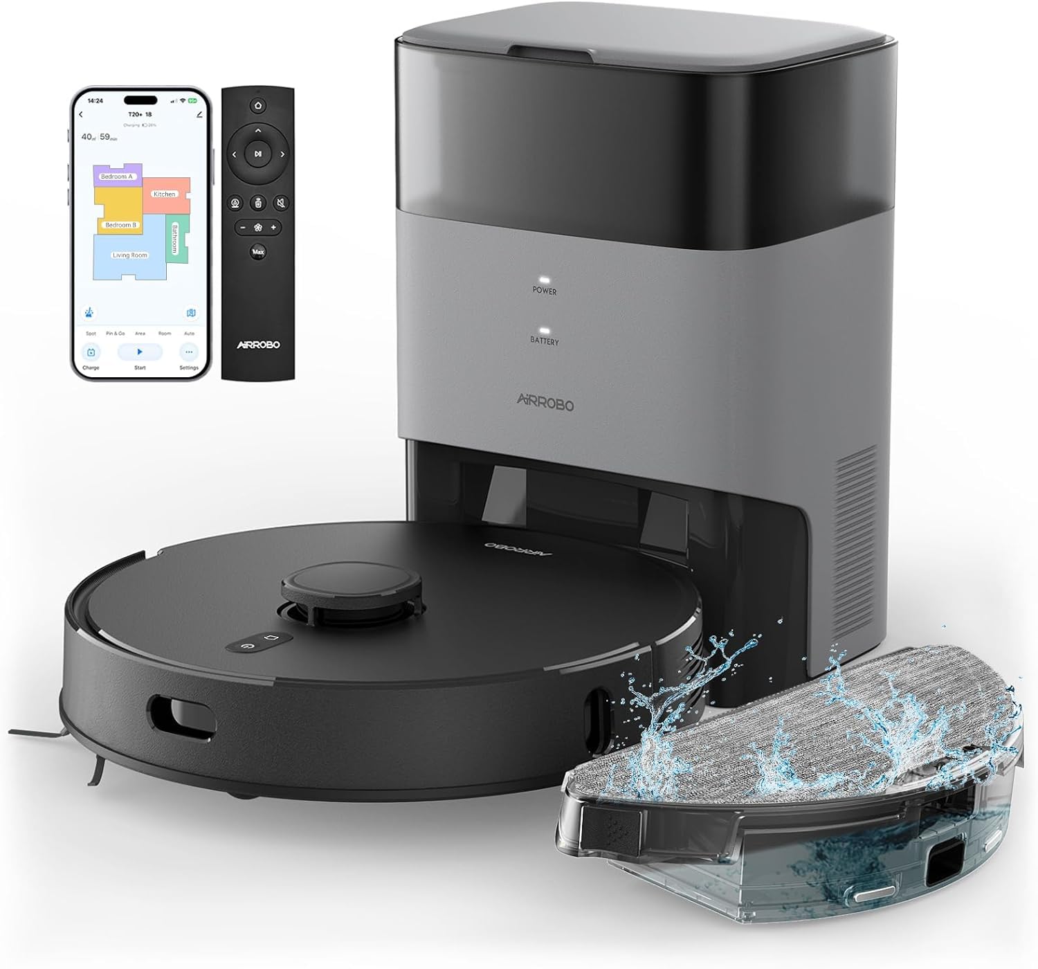 جارو رباتیک ربات جاروبرقی AIRROBO T20+ با عملکرد پاک کردن، ربات جاروبرقی 3.5 لیتری با ایستگاه مکش، زمان اجرا 180 دقیقه، ناوبری LiDAR، قدرت مکش قوی ایده آل برای فرش و موی حیوانات، دارای کنترل برنامه