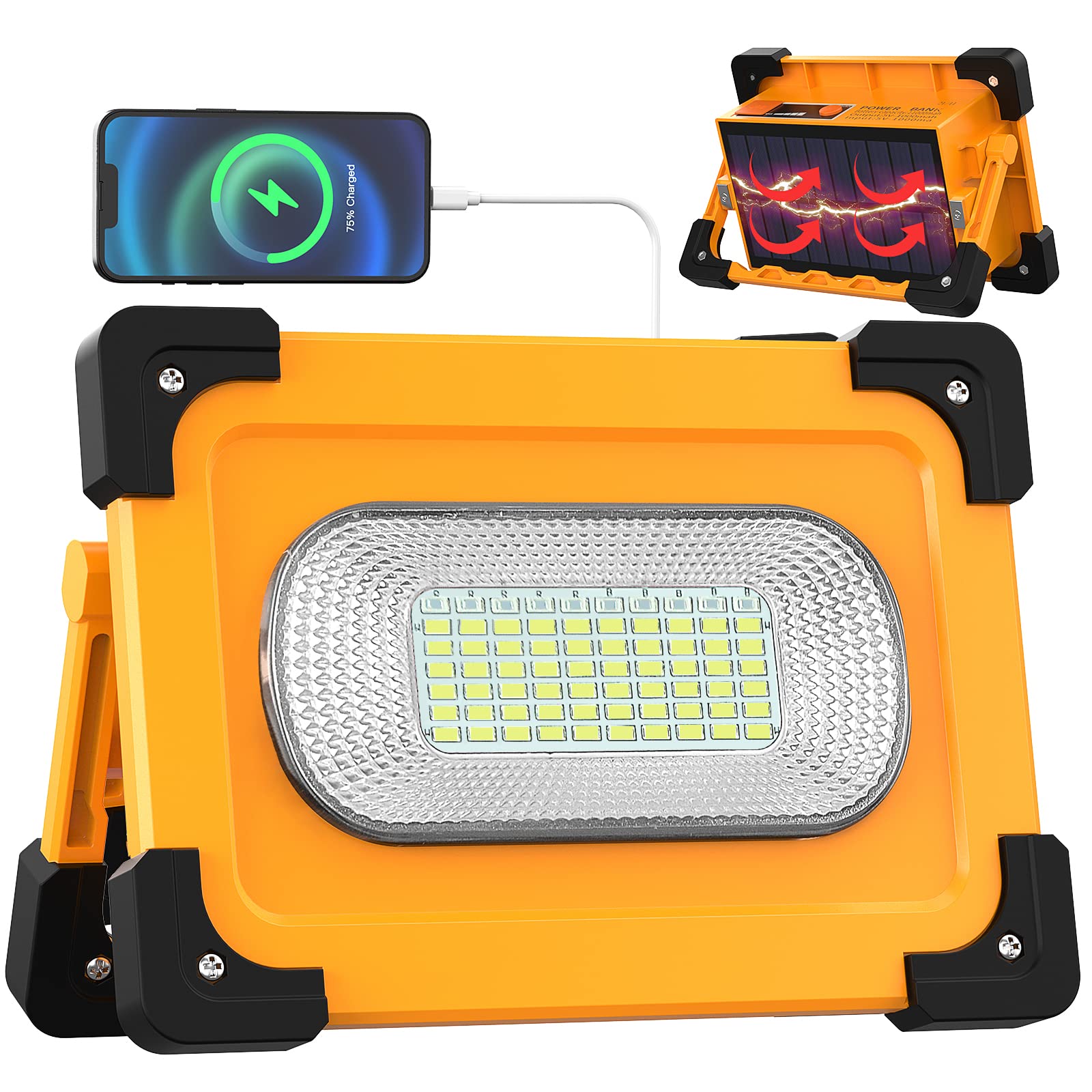 خرید از آمازون - 80W LED Construction Spotlight باتری چراغ کاری خورشیدی قابل حمل، 4 حالت لامپ کمپینگ 11000mAh پاوربانک شارژی USB، نورافکن ضد آب در فضای باز برای گاراژ، محل ساخت و ساز، باغ، ماهیگیری، اضطراری