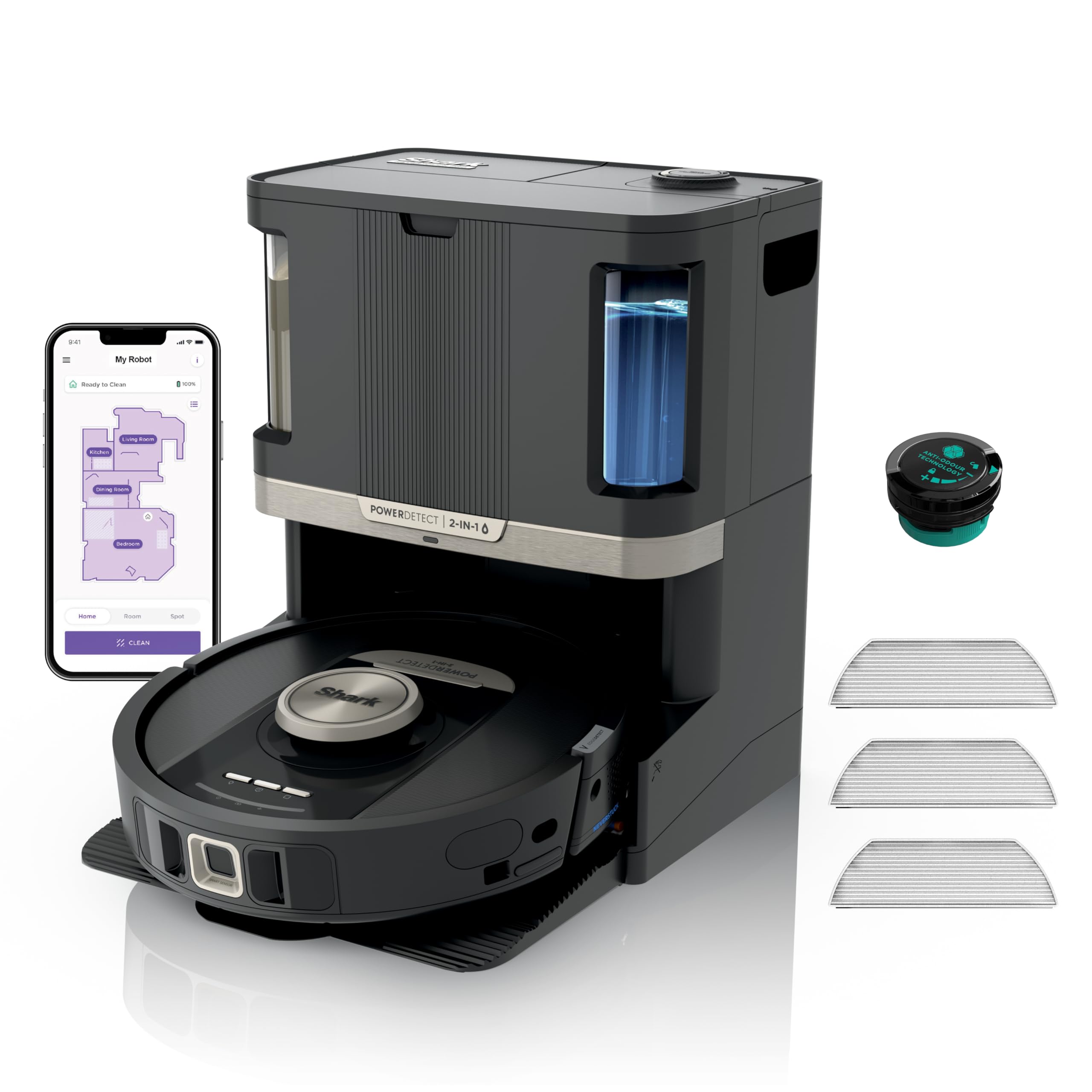 جارو رباتیک شارک آمریکا 2 در 1 Shark PowerDetect، NeverTouch Pro 60 Days Self-Emptying، خودپر کردن مجدد با ناوبری 3D و LiDAR، NeverStuck Obstacle Avoidance، Black RV2800ZEEU