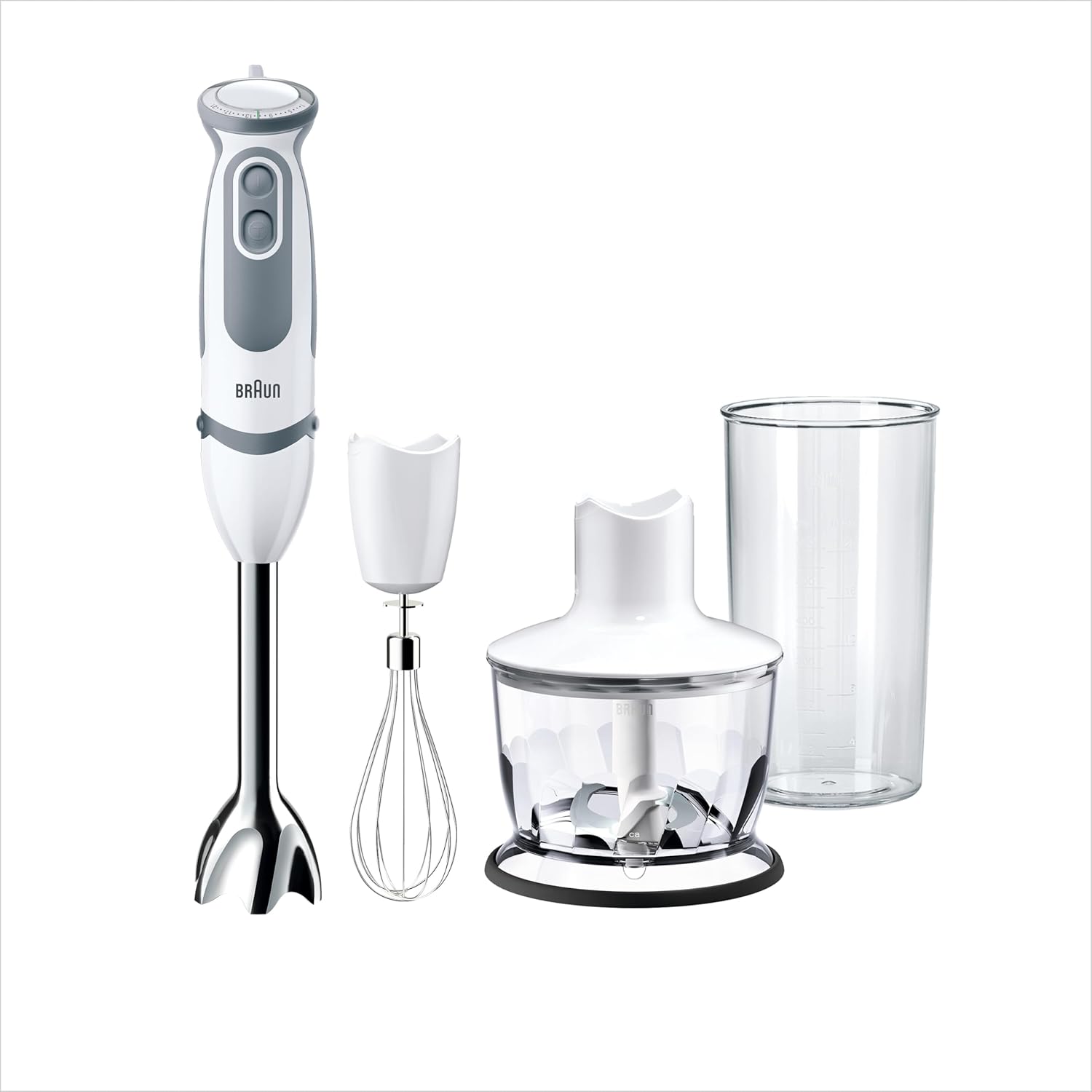 گوشت کوب برقی براون آلمان Braun MQ 5235WH مخلوط کن دستی با پایه مخلوط کن فولادی ضد زنگ، 1000 وات، شامل ست لوازم جانبی 3 تکه، سفید/خاکستری [کلاس انرژی A]