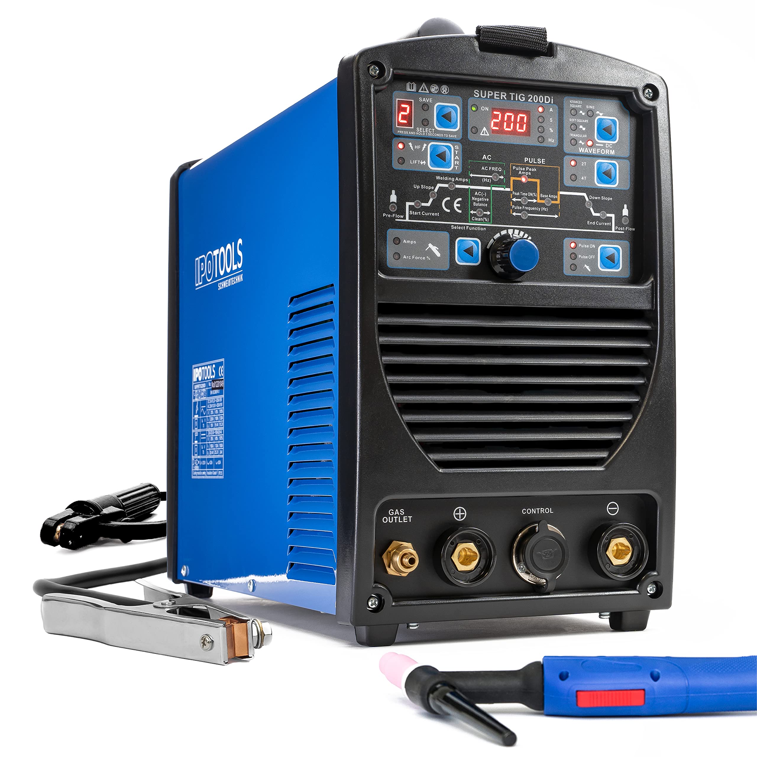خرید از آمازون - دستگاه جوش IPOTOOLS SUPERTIG 200DI TIG دستگاه جوش AC DC با 200 آمپر دستگاه جوش اینورتر تمام دیجیتال شامل احتراق HF، عملکرد پالس، MMA، IGBT، 7 سال ضمانت