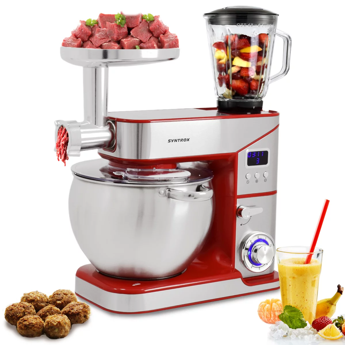 غذا ساز همه کاره سینتروکس آلمان Syntrox Küchenmaschine Lyon Edelstahl 10 Liter Küchengerät Fleischwolf Farbwahl Rot