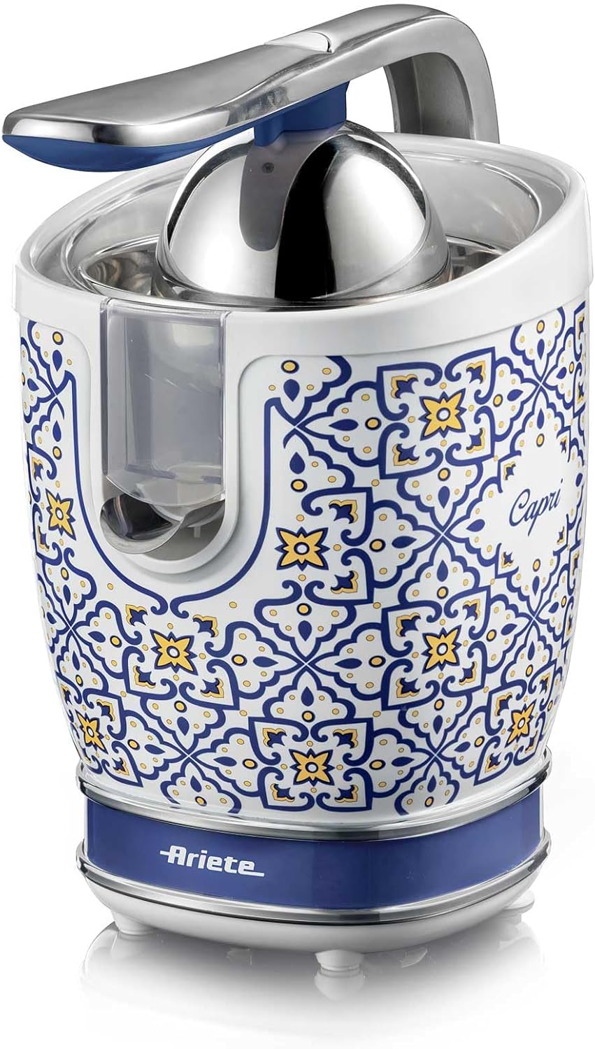 آب مرکبات گیری با طراحی آریته ایتالیا Ariete 413 Capri، پرس مرکبات برقی با محفظه و اهرم فلزی، محافظ چکه، موتور کم صدا برای آب گیری حرفه ای