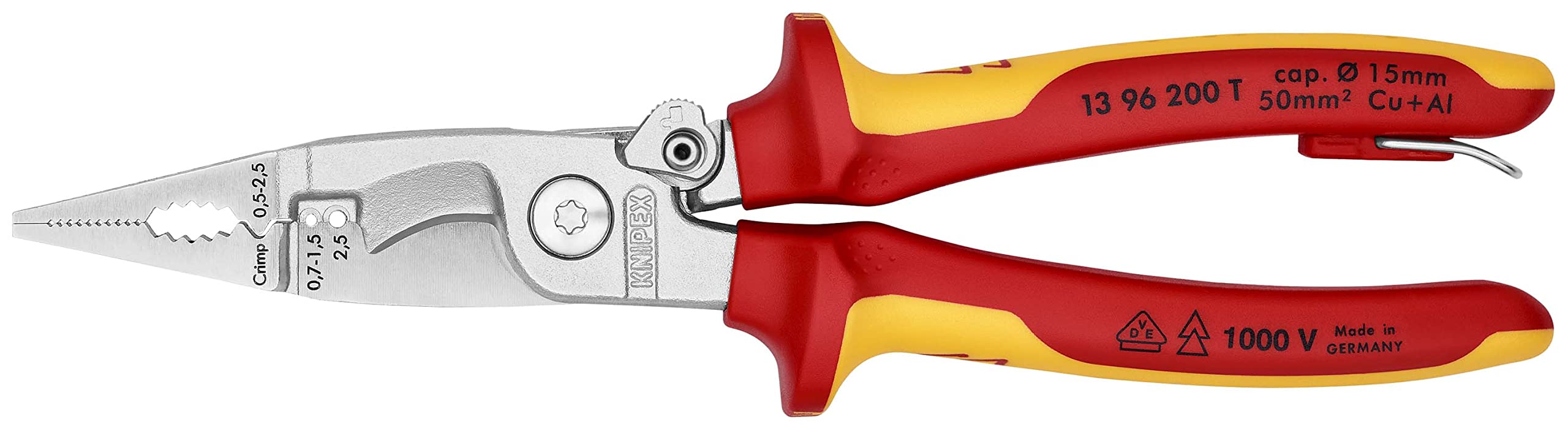 خرید از آمازون - انبر نصب برقی Knipex روکش کروم، عایق بندی شده با آستین های چند جزئی، آزمایش VDE؛ دارای چشمک برای اتصال محافظ سقوط 200 میلی متر 13 96 200 T