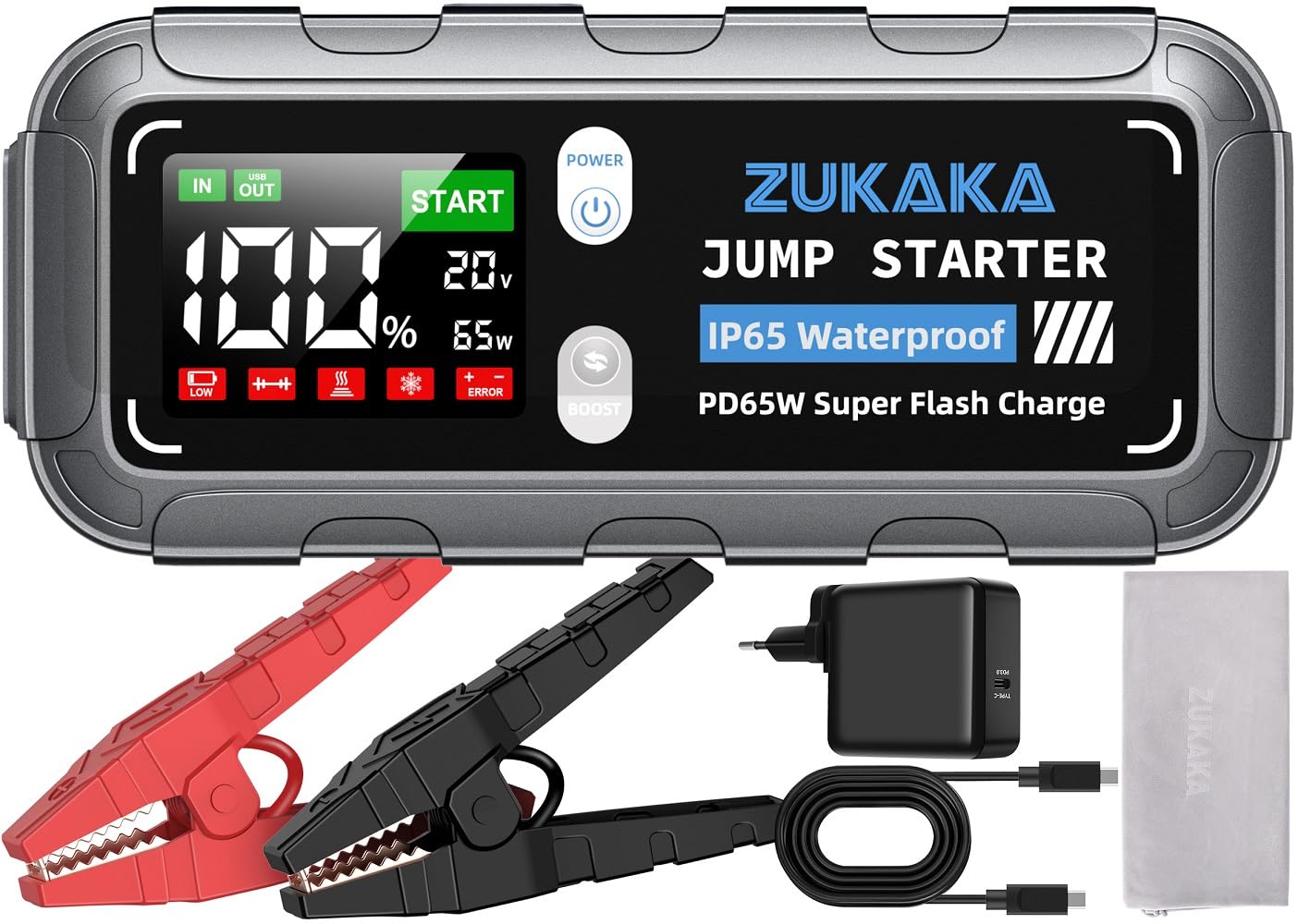 خرید از آمازون - پاوربانک جامپ استارتر خودرو ZUKAKA [6000A پیک جریان 26800mAh]، PD 65W ورودی/خروجی [شارژر بسته] پاوربانک پرش شارژ سریع برای تمامی موتورهای بنزینی و 12.0 لیتری دیزل با 4 افکت LED و USB دوگانه