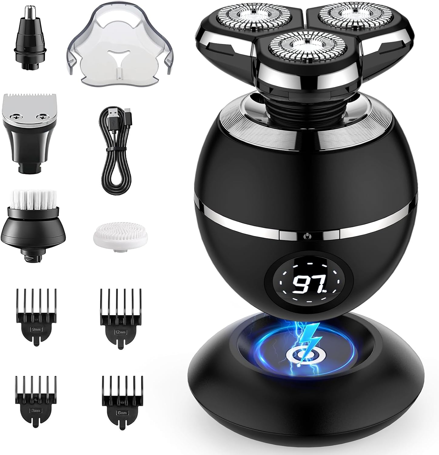 ریش تراش شارژی و ماشین اصلاح مخصوص سر کچل ریش تراش مردانه برقی ETENTUS, 5 in 1 Electric Shaver 3D Shaving Beard Trimmer - Wireless Rechargeable Beard Trimmer ریش تراش مرطوب و خشک IPX7 مردانه با LED و 8 ست مراقبت. چرخش سه بعدی