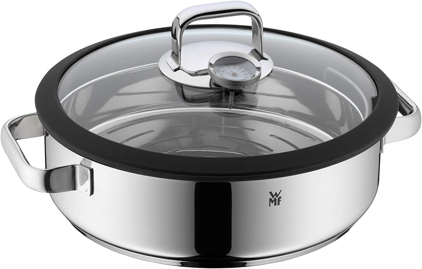 قابلمه بخارپز 28 سانت وی ام اف آلمان WMF Vitalis Aroma Dampfgarer 28 cm کباب‌ پز گرد ، درب شیشه‌ای با لبه سیلیکونی، دماسنج پخت و پز، سینی بخارپز