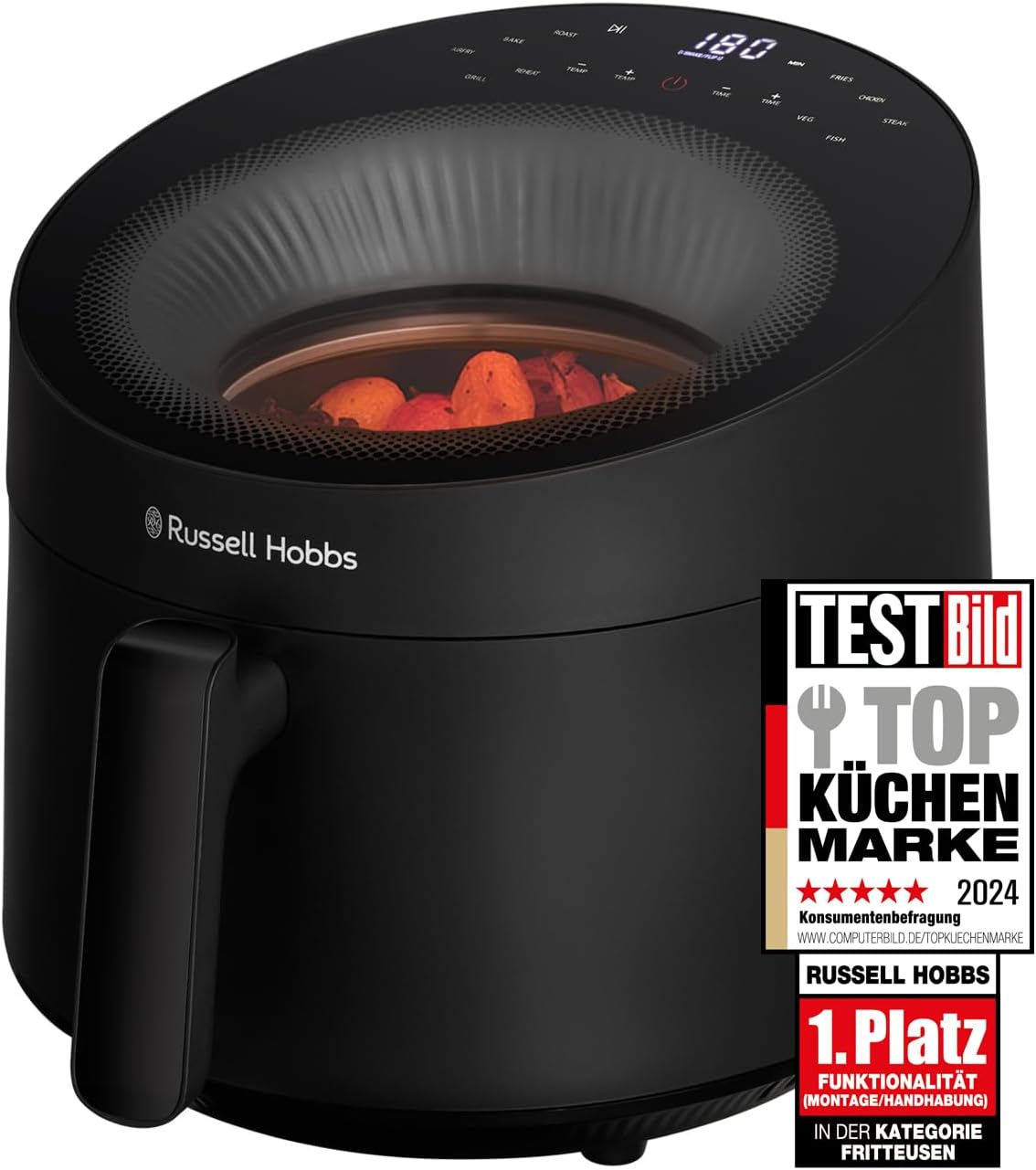 سرخ کن راسل هابز انگلستان با هوای گرم 5 لیتر [10 برنامه|با پنجره مشاهده] AirFryer (سرخ کن بدون روغن، سرخ کردنی، کباب کردن، کباب کردن، پخت، حداکثر 200 درجه سانتی گراد، قابل شستشو در ماشین ظرفشویی، مشکی) SatisFry Panoramic 27420-56