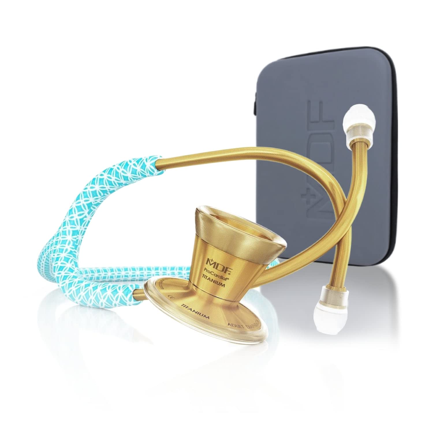 خرید از آمازون - گوشی پزشکی MDF BELLA AZURE ProCardial Cardiology، تیتانیومی سبک، بزرگسالان، دو سر، لوله براق بنفش، هدست GOLD Chestpiece، MDF797TBAK+ MDF جعبه مسافرتی طلایی - Bella Azure