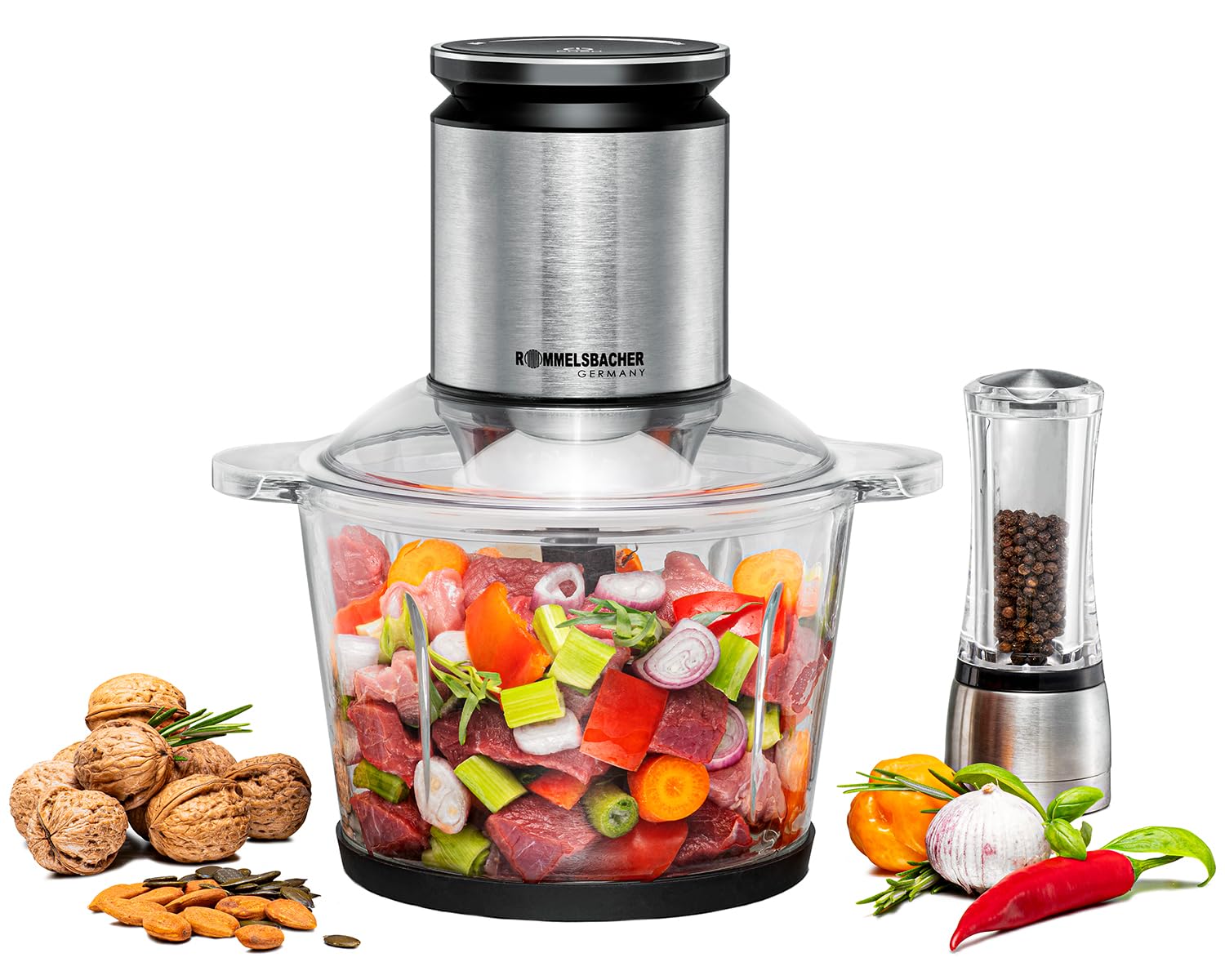 خردکن چندکاره ROMMELSBACHER مدل MZ 800، ظرف شیشه‌ای ۲.۷ لیتری، کنترل سرعت ۲۲ مرحله‌ای، موتور قدرتمند، چاقوی مخصوص ۹ تیغه از جنس استیل ضد زنگ، محور چاقو و کوپلینگ موتور از جنس استیل ضد زنگ، حجم ۲.۷ لیتر