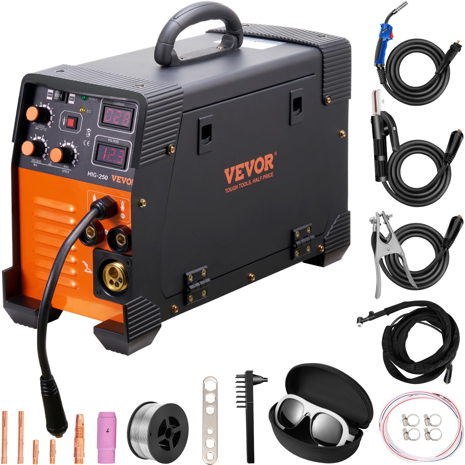 خرید از آمازون - عملکرد جوش قوسی دستگاه جوش قابل حمل VEVOR برای MIG MMA TIG جریان بین 50-250 A، ضخامت سیم جوشکار قابل حمل 0.6mm و 0.8mm و 1mm، جوشکار قوس قابل حمل 8.4 کیلوگرم