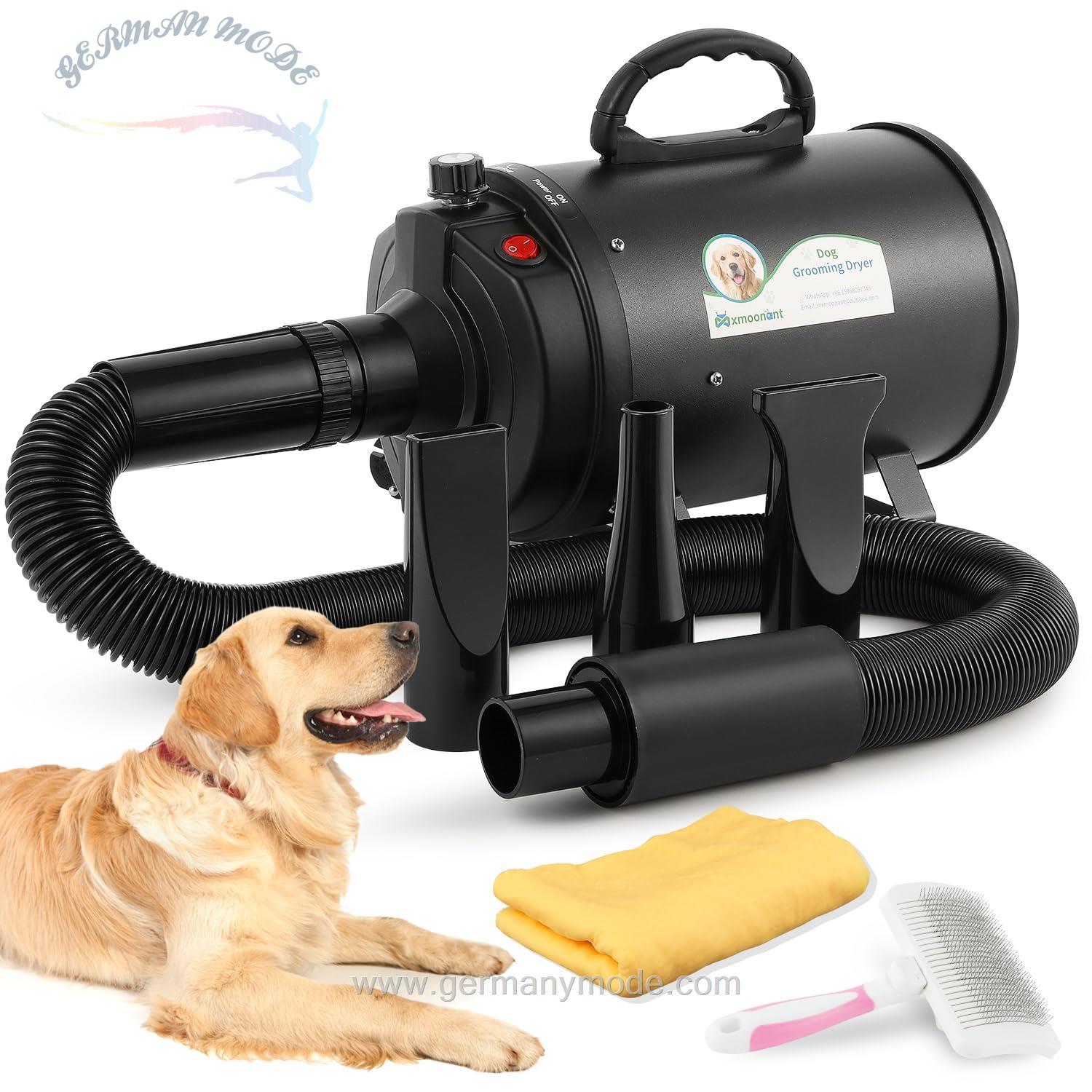 سشوار حرفه ای Mxmoonant 2400W برای سگ ها با قابلیت تنظیم حرارت و سرعت با 4 نازل مختلف و دمنده نظافتی Black EU