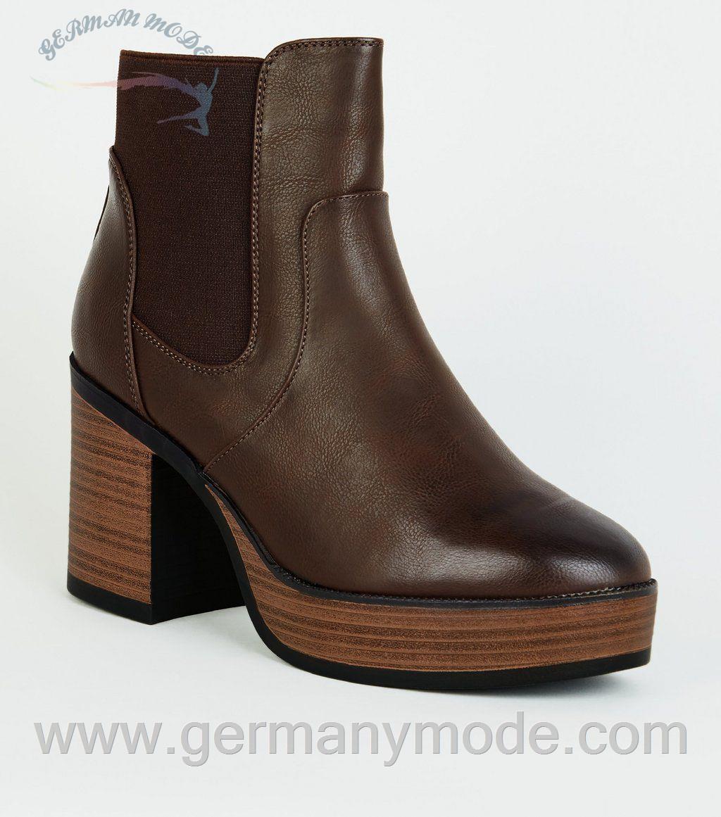 نیم بوت زنانه نیولوک (انگلستان) Rust Leather-Look Platform Wooden Sole Ankle Boots