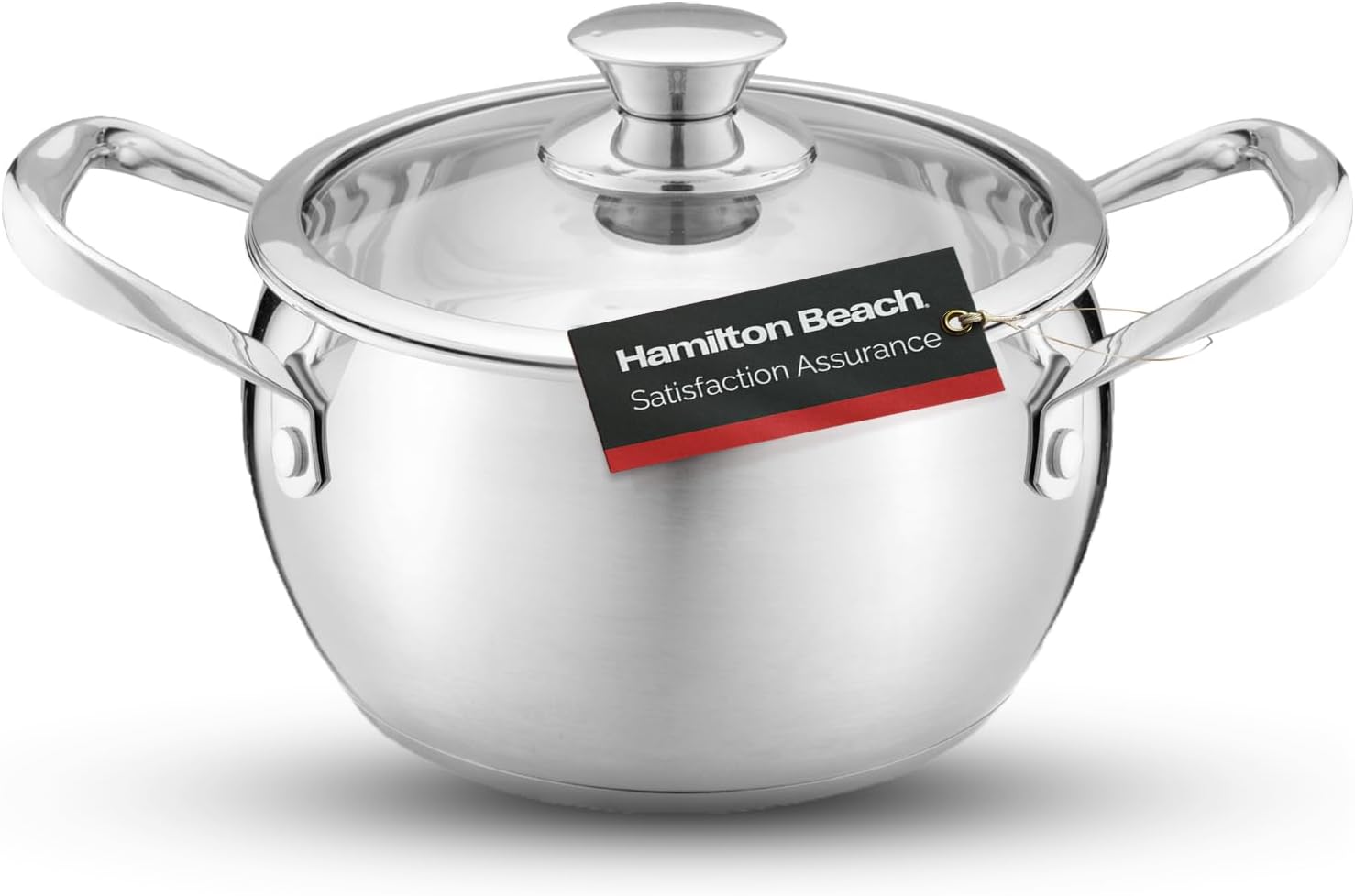 قابلمه اجاق گاز هلندی طرح شکم استیل همیلتون آمریکا 4QT Hamilton Beach با درب شیشه ای و دسته های پرچین، ماهیتابه چند منظوره، سازگار با همه اجاق ها، اجاق گاز و ماشین ظرفشویی نقره ای 4 کوارت