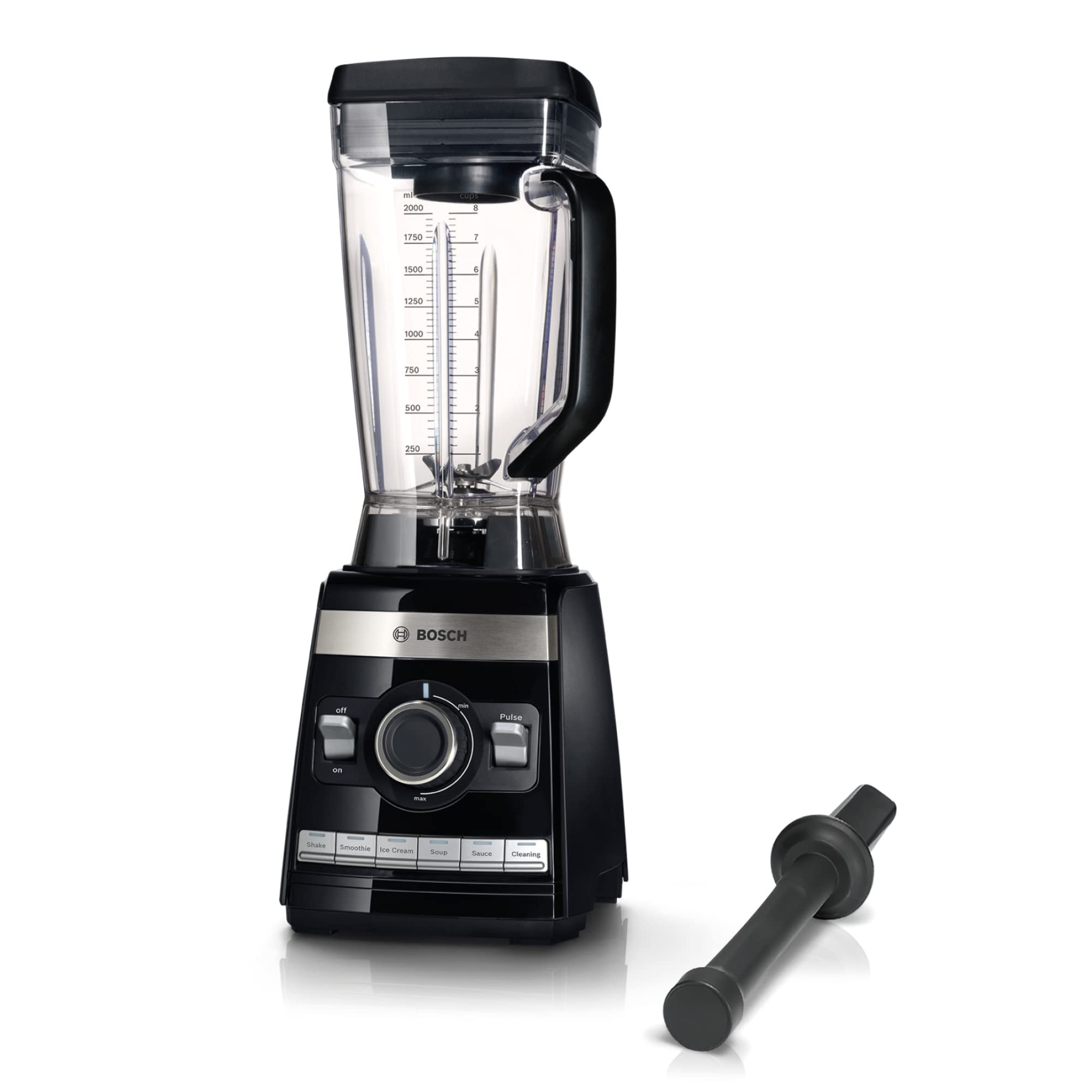 مخلوط کن Bosch VitaBoost MMBH6P6BDE، تیغه فولادی ضد زنگ 6 تیغه، پارچ مخلوط کن 2.5 لیتری تریتان، فشار دهنده، 6 برنامه خودکار، کتاب دستور العمل، بدون BPA، تمیز کردن آسان، 45000 دور در دقیقه، 1600 وات، مشکی