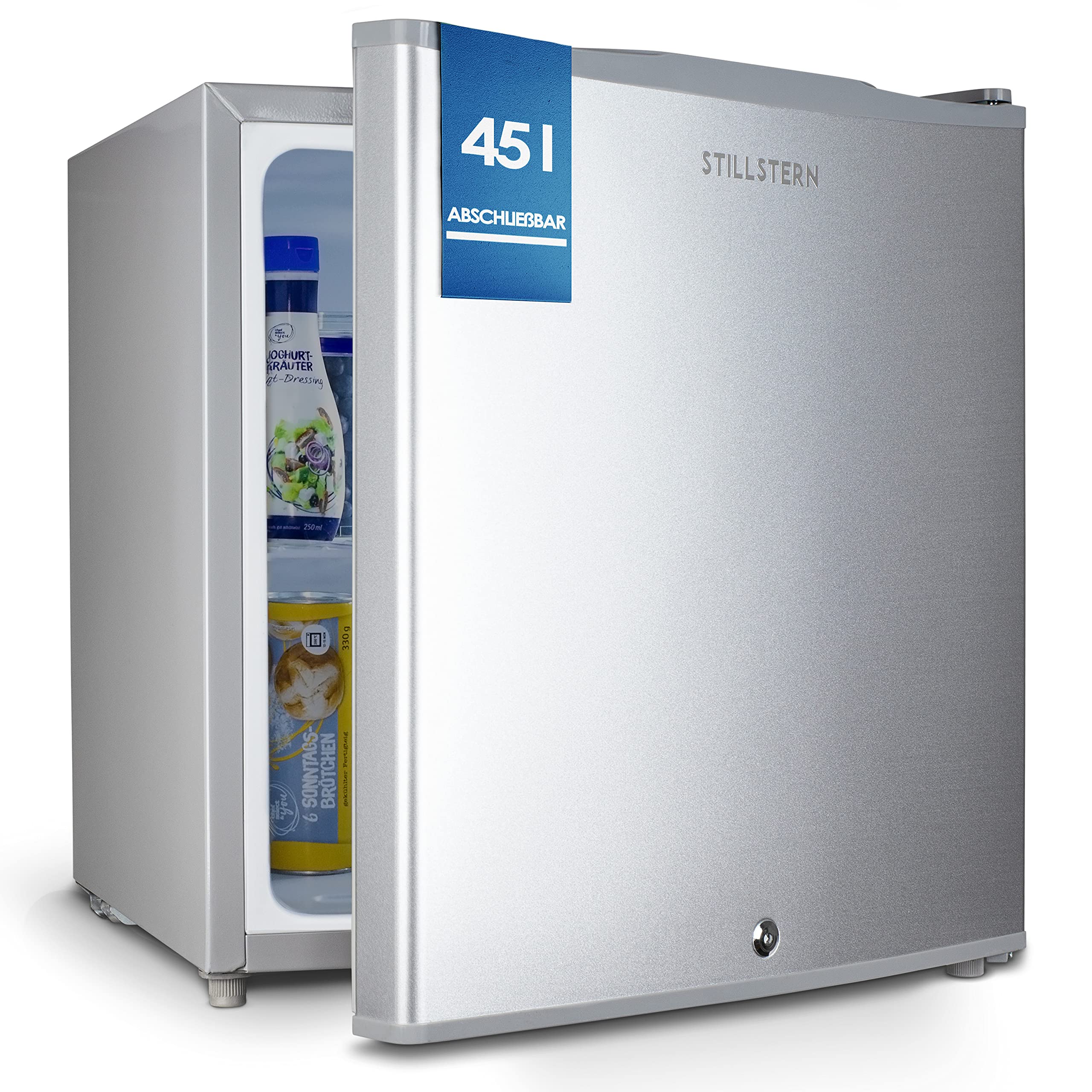 خرید از آمازون - Stillstern Mini Kühlschrank E 45L mit Abtauautomatik, Schloss, Frostfach, Leise, Ideal für Küche, Büro, Schlafzimmer, Hotels und kleine Wohnungen Kühlschrank klein Minibar Getränkekühlschrank