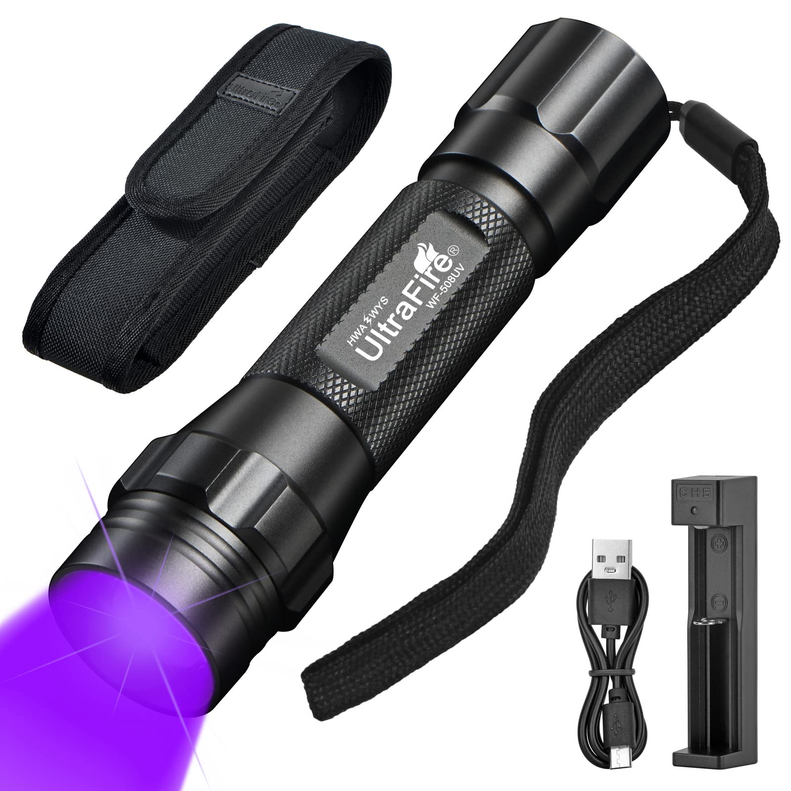 خرید از آمازون - چراغ قوه ULTRAFIRE UV برای پخت رزین، نور 395 نانومتری LED UV کیورینگ، چراغ قوه سیاه قابل زوم برای ادرار حیوانات خانگی، لکه سگ گربه، ساس، توالت کمد خانگی WF-508UV