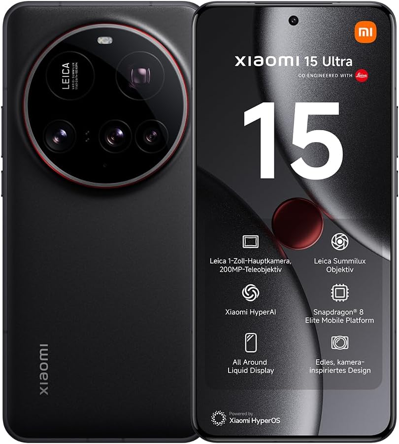 گوشی موبایل هوشمند شیائومی 15 اولترا، 16+512 گیگابایت، شوارتز، Handy ohne Vertrag، دوربین 100 میلی‌متری لایکا 200 مگاپیکسلی، صفحه نمایش AMOLED 120 هرتزی WQHD+، اسنپدراگون 8 الیت، 5410 میلی‌آمپر ساعت
