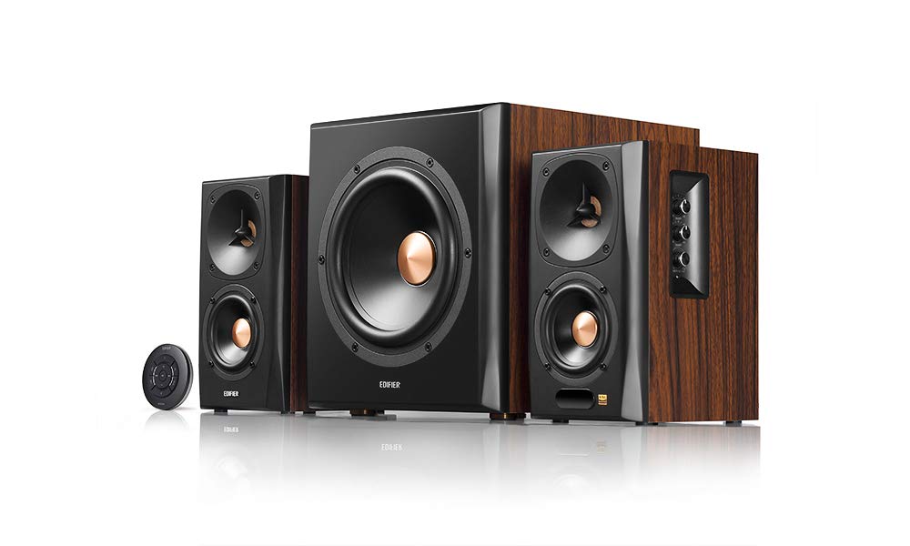 سیستم بلندگو و ساب ووفر Edifier S360DB 2.1 با بلوتوث نسخه 5.1 و صدای بی‌سیم aptX برای دفاتر، اتاق‌های نشیمن و فضاهای کوچک. ساب ووفر بی‌سیم، جنس چوب.