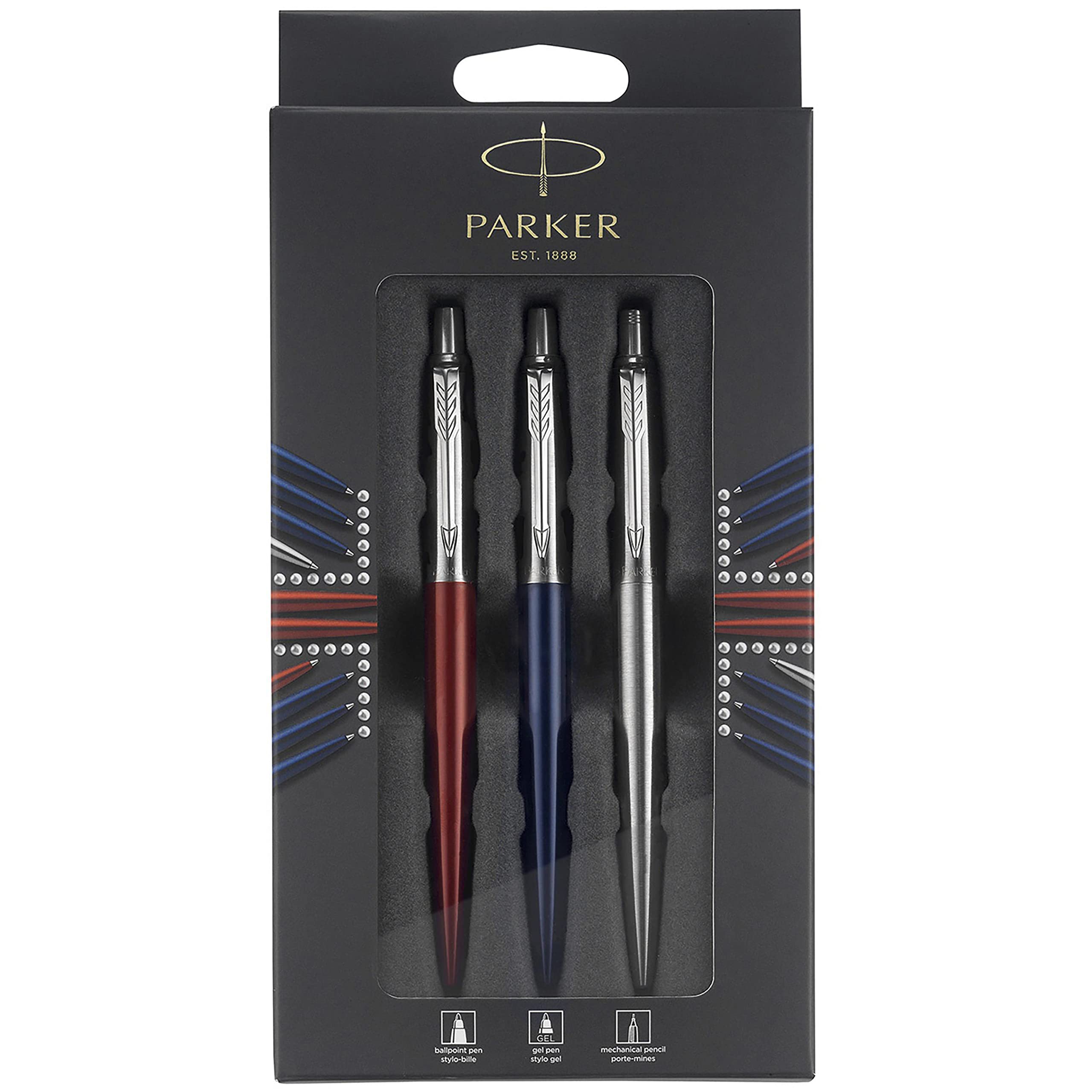 خرید از آمازون - Pack Discovery Trio Parker Jotter London: قلم توپی (آبی رویال) | خودکار ژل (Red Kensington) و مداد مکانیکی (استیل ضد زنگ)