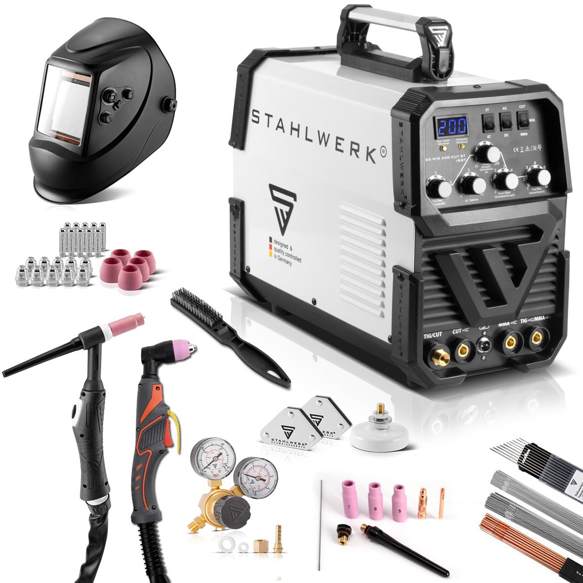 خرید از آمازون - تجهیزات کامل STAHLWERK AC/DC TIG 200 Plasma ST IGBT ترکیبی 200 آمپر TIG MMA و دستگاه جوش 50 A CUT برش پلاسما CUT مناسب برای ALU 7 سال ضمانت