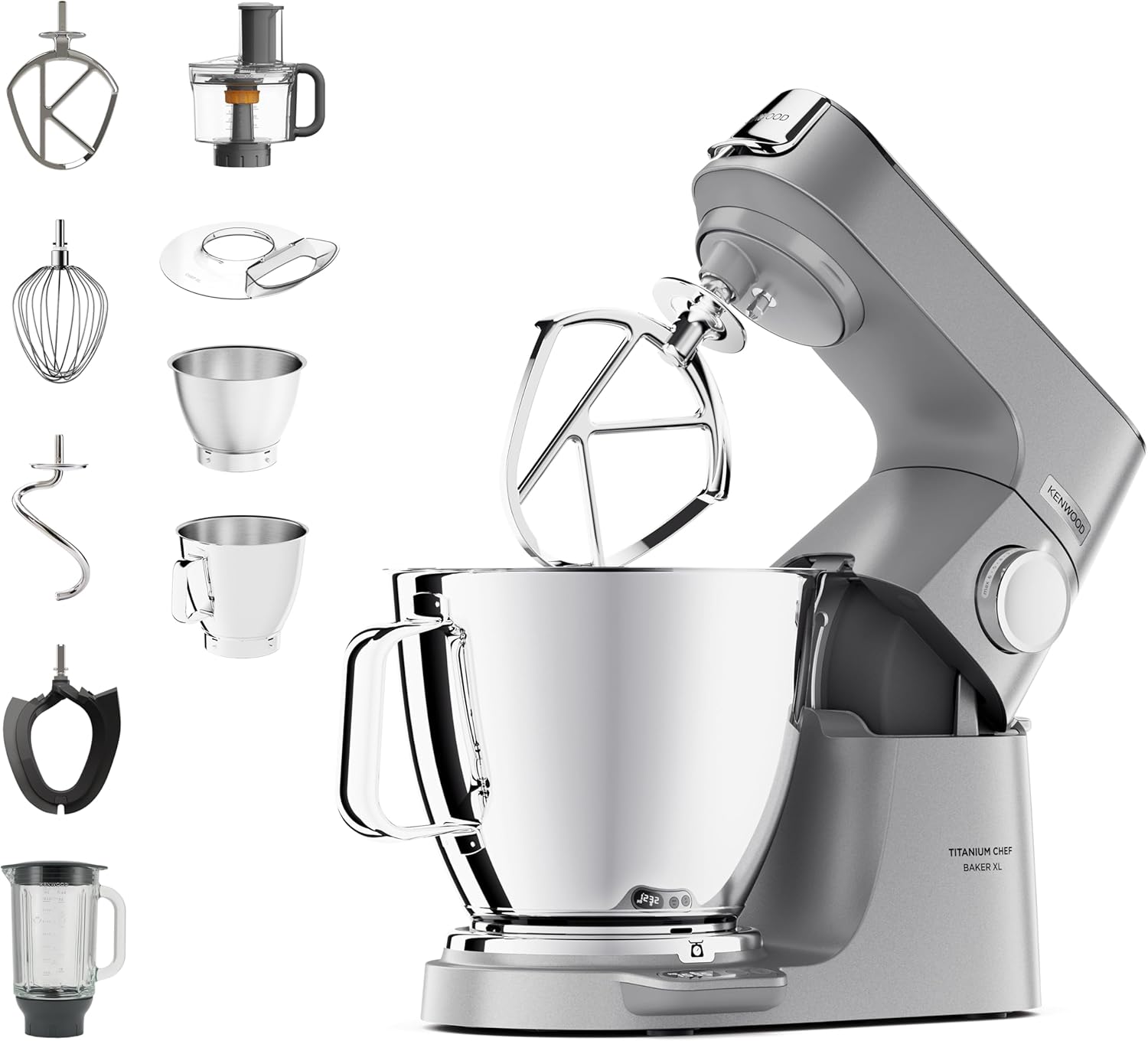 غذا ساز همه کاره کنوود انگلستان تیتانیوم شف بیکر Kenwood KVL85.424SI با ترازوی یکپارچه، شامل ست شیرینی‌پزی ۴ تکه، کاسه مخلوط‌کن ۷ لیتری و ۵ لیتری، کنترل سرعت بدون پله، ۱۲۰۰ وات، نقره‌ای شف بیکر XL نقره‌ای