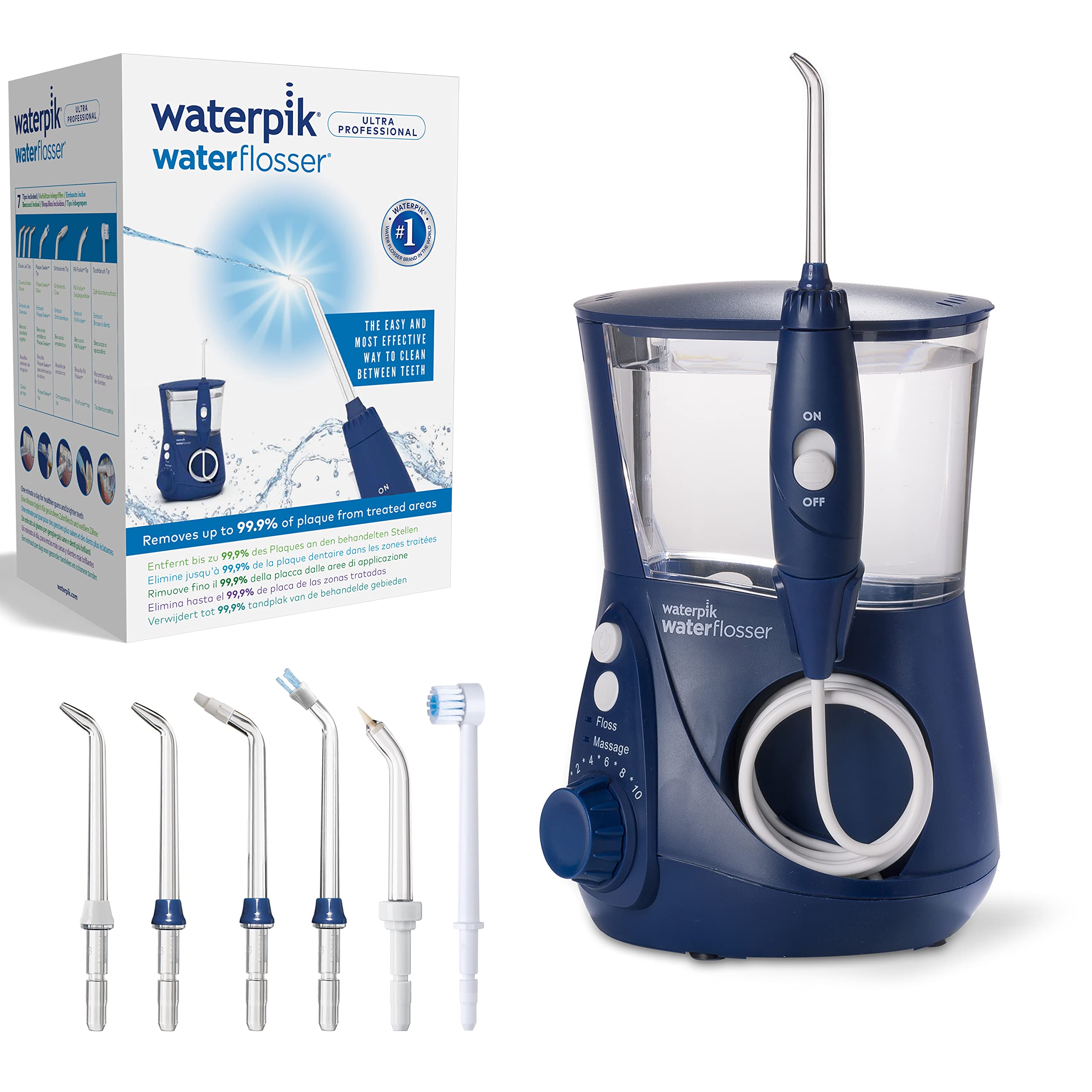 خرید از آمازون - آبیاری دهانی ثابت واترفلوسر فوق حرفه ای Waterpik با 7 اتصال، محدوده فشار 0.7-7 بار قابل تنظیم از طریق 10 تنظیم فشار، تایمر یکپارچه، آبی (WP-663EU)