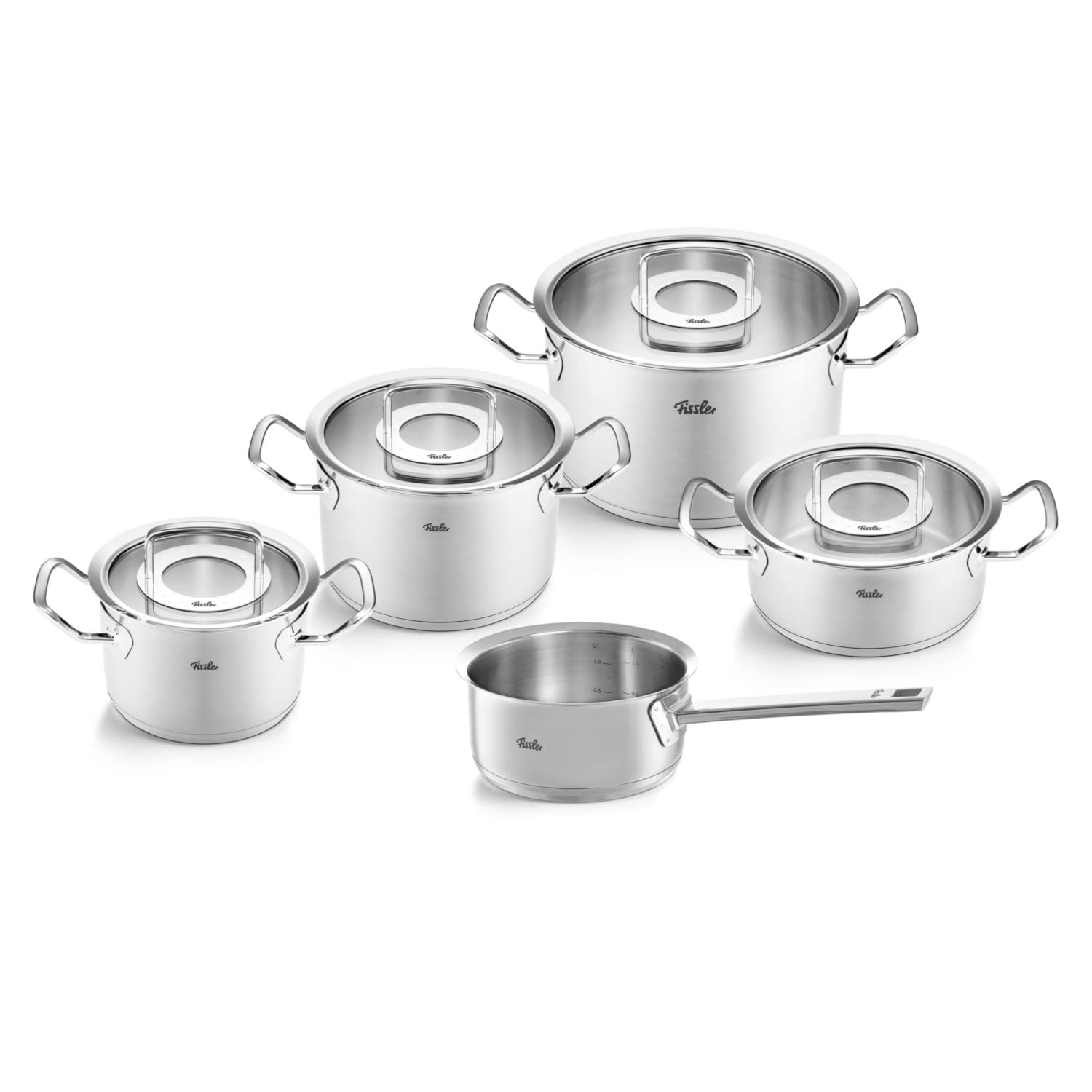 مجموعه Fissler Original-Profi/سرویس قابلمه استیل ضد زنگ، 5 تکه، قابلمه با درب شیشه‌ای (3 قابلمه، 1 قابلمه خورشتی، 1 قابلمه بدون درب) - 5 تکه القایی، 3 قابلمه، 1 قابلمه خورشتی، 1 قابلمه