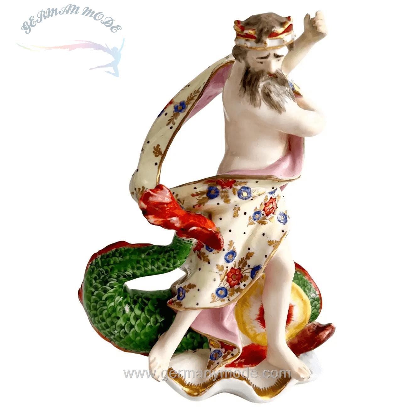 مجسمه نقاشی با دست دکوری چینی آنتیک قدیمی Derby Porzellanfigur von Neptun und Delphin auf einer Muschel um 1785