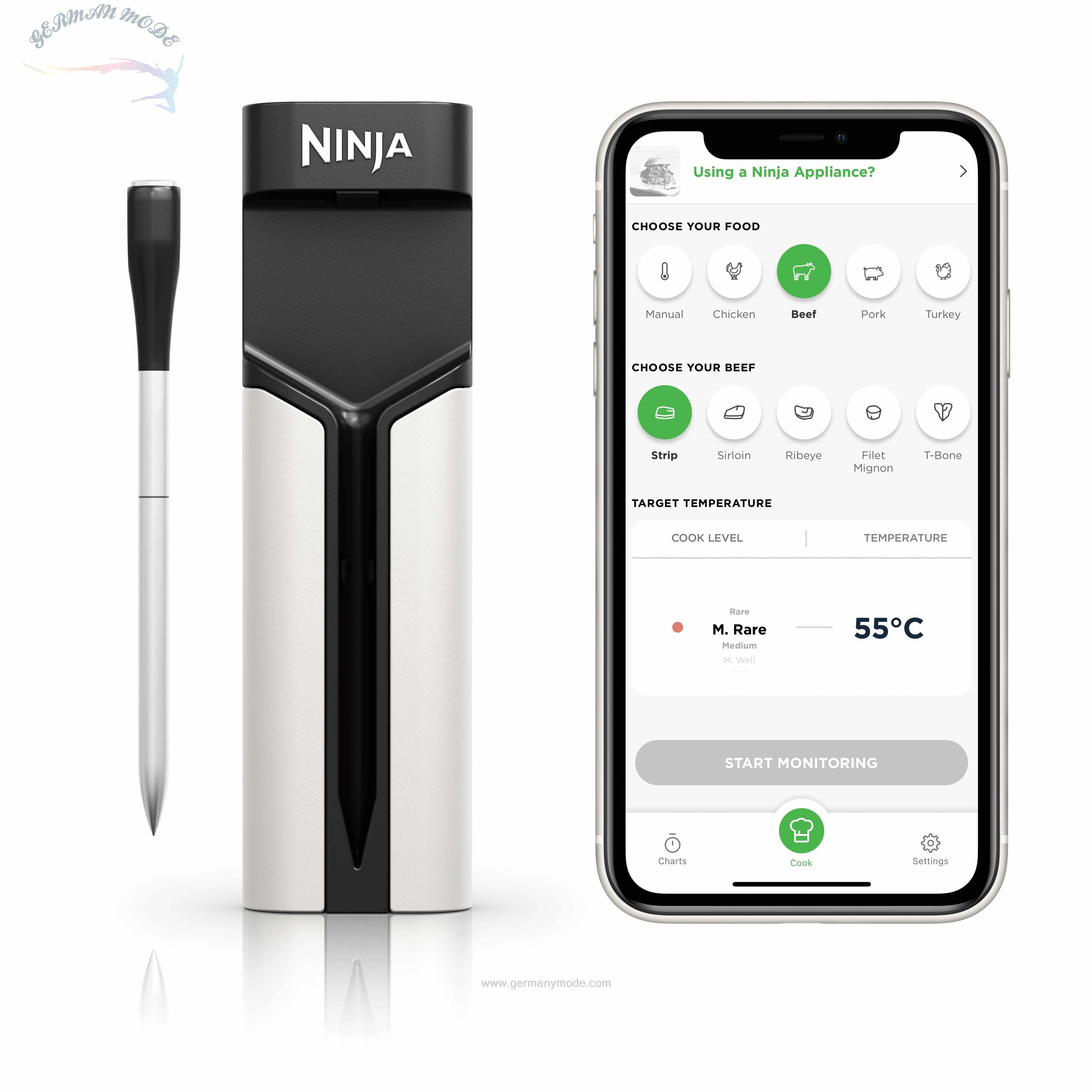 دماسنج گوشت گریل با اتصال تلفن همراه نینجا آمریکا Ninja WP100EU ProChef Thermometer drinnen draußen