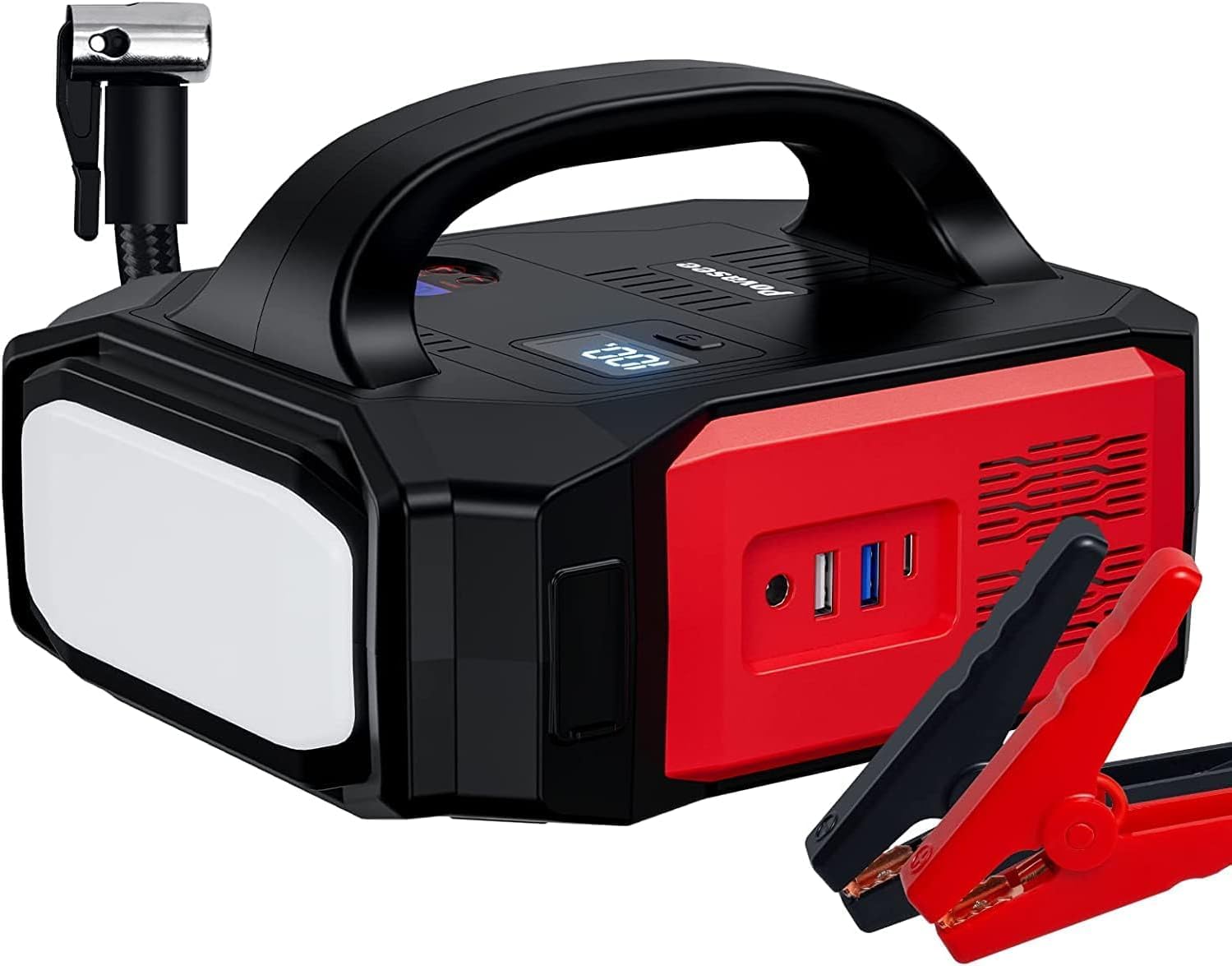 خرید از آمازون - پاور بانک Povasee Jump Starter با کمپرسور هوا، استارت پرش خودرو 3500A با دو نمایشگر LCD، کابل جامپ استارتر مقاوم، چراغ قوه بزرگ، استارت پرش تقویت کننده باتری برای همه موتورهای بنزینی/8 لیتری دیزل