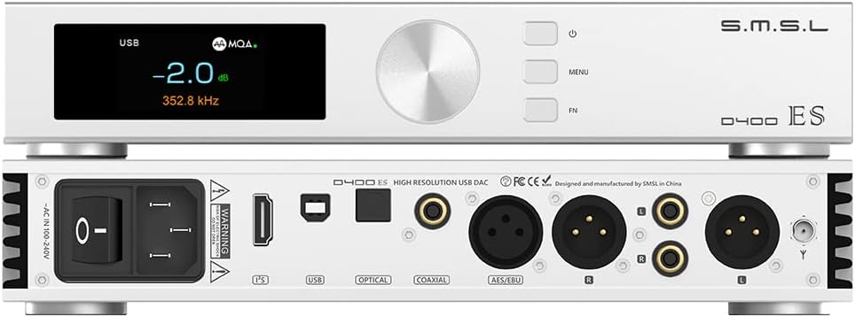 آمپلی فایر استریو SMSL D400ES بلوتوث HiFi Fever رسیور MQA متعادل Dac Pure، تراشه ES9039MPRO، USB/اپتیکال/کواکسیال، OPA1612A (با کنترل از راه دور)