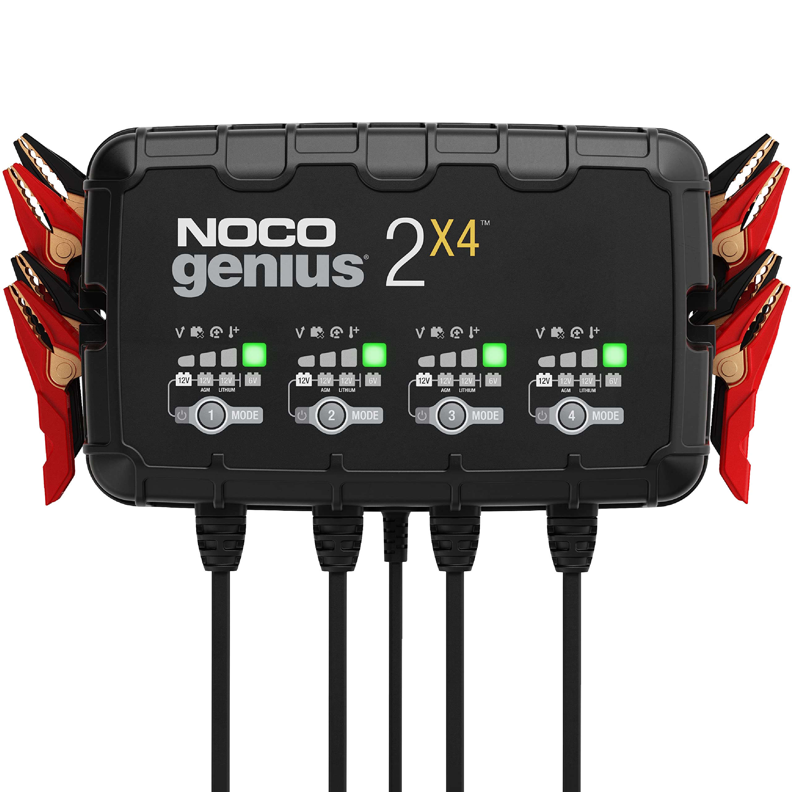 خرید از آمازون - شارژر باتری خودرو NOCO GENIUS2X4، 8A (2A/بانک)، شارژر باتری 6 ولتی و 12 ولتی، شارژر قطره ای، چکش گیر باتری و گوگرد زدایی برای AGM، ژل، استارت و استاپ، باتری های EFB و لیتیوم
