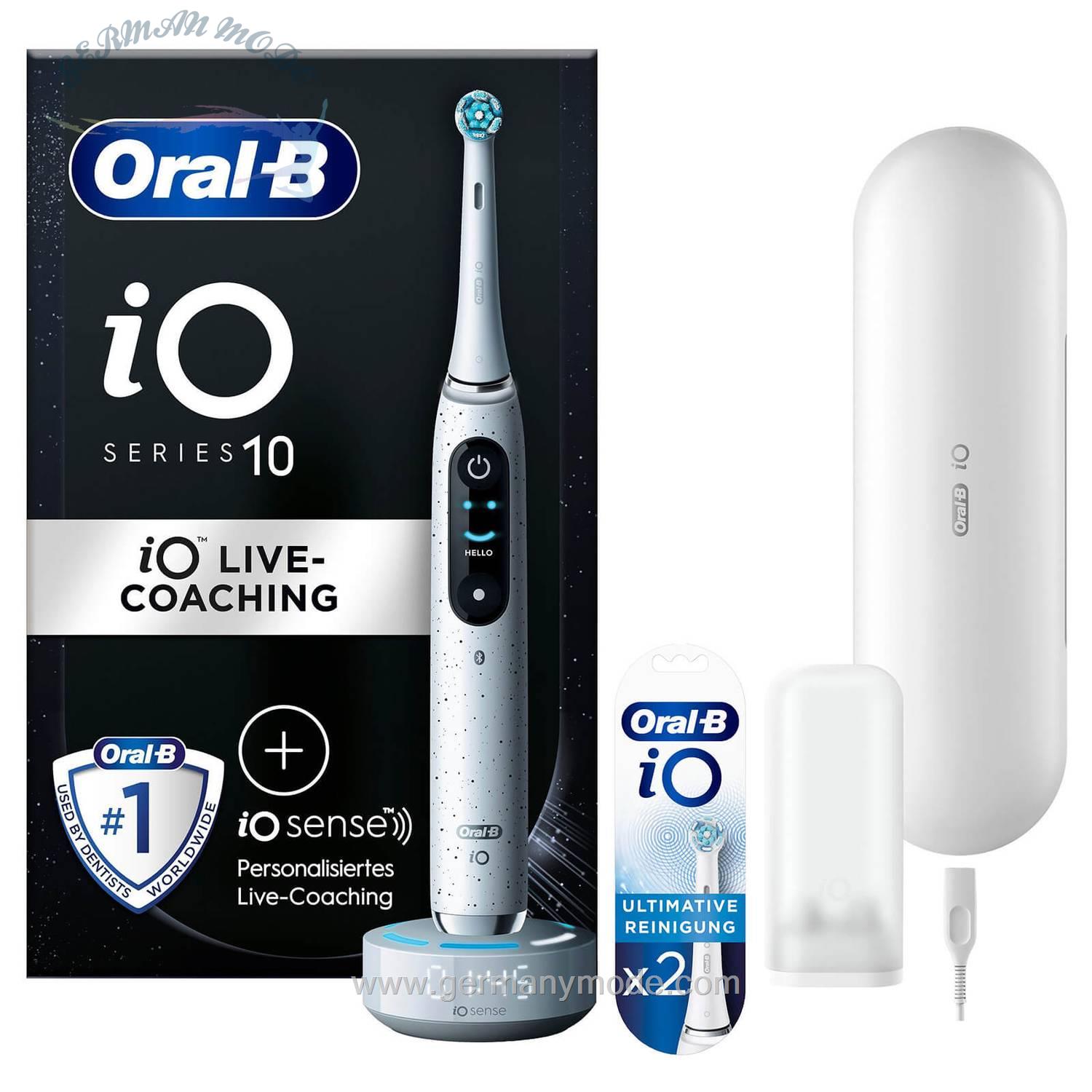 مسواک برقی اورال بی آمریکا Oral-B iO Series 10 Elektrische Zahnbürste, Lade-Reiseetui, Stardust White Aufsteckbürsten iO Strahlendes Weiß, 2 Stück