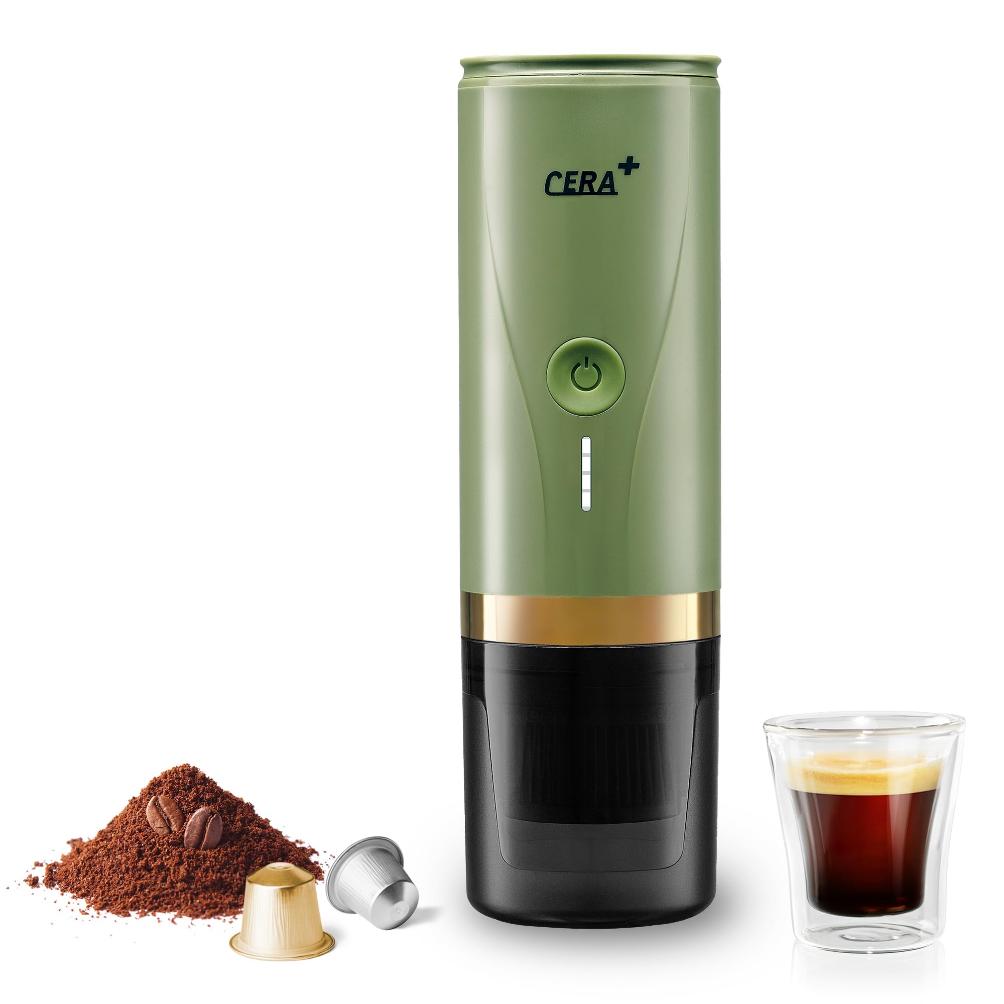 خرید از آمازون - دستگاه اسپرسوساز برقی قابل حمل CERA+ خود گرمایش در 3-4 دقیقه، قهوه ساز مینی 20 بار با باتری قابل شارژ. سازگار با کپسول NS و قهوه زمینی برای سفر و کمپینگ (گرون)