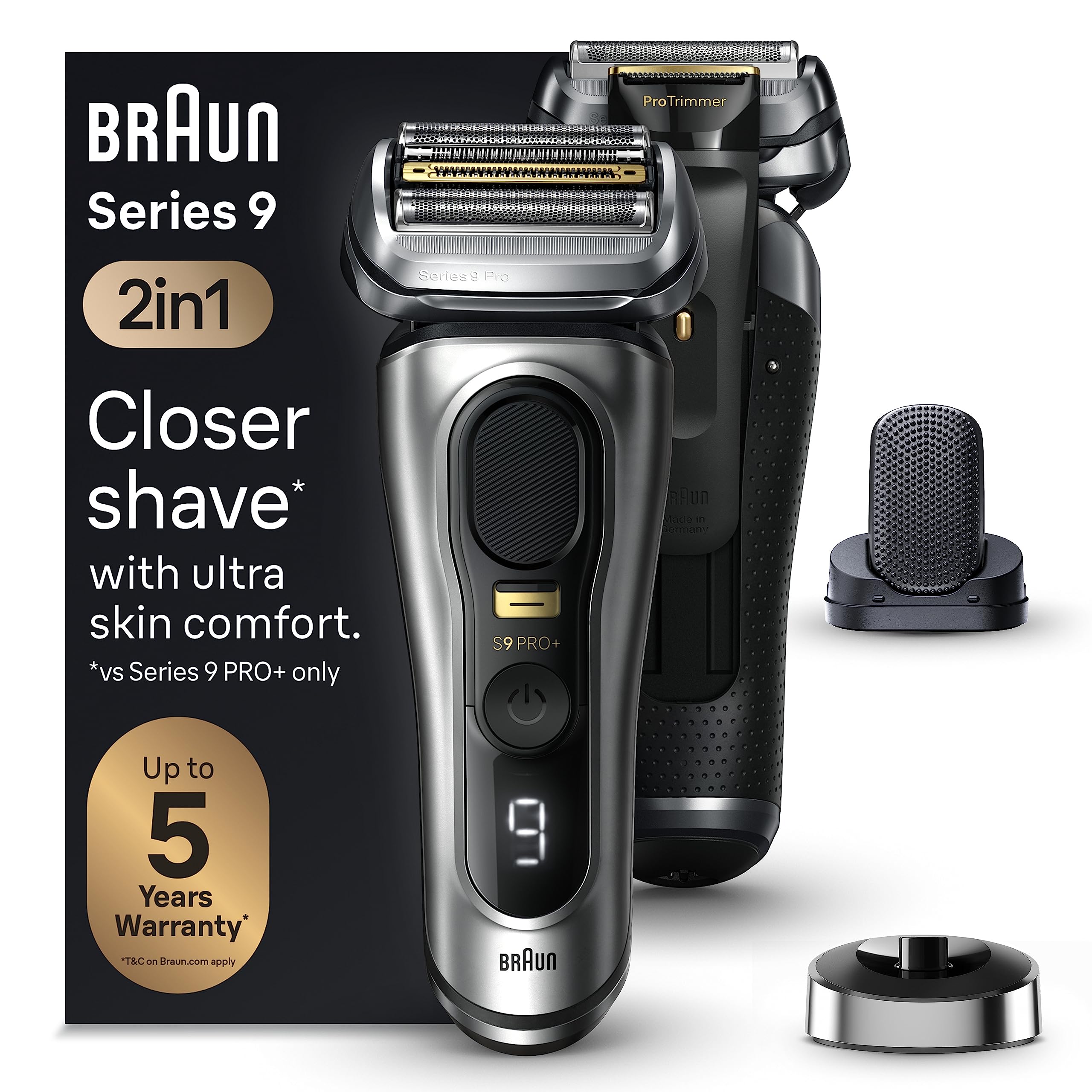 خرید از آمازون - تیغ مردانه Braun Series 9 Pro+، ریش تراش برقی با 5 عنصر اصلاح Pro، پیوست ProComfort، سیستم 2 در 1، ایستگاه شارژ، 60 دقیقه زمان اجرا، هدیه برای همسر، ساخت آلمان، 9557s، نقره ای