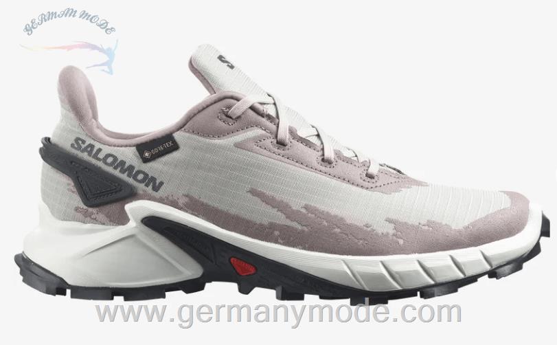 کتانی تریل رانینگ دو کوهستان ضد آب زنانه سالامون فرانسه SALOMON ALPHACROSS 4 GORE TEX Laufschuhe Damen Ashes Of Roses White Ebony