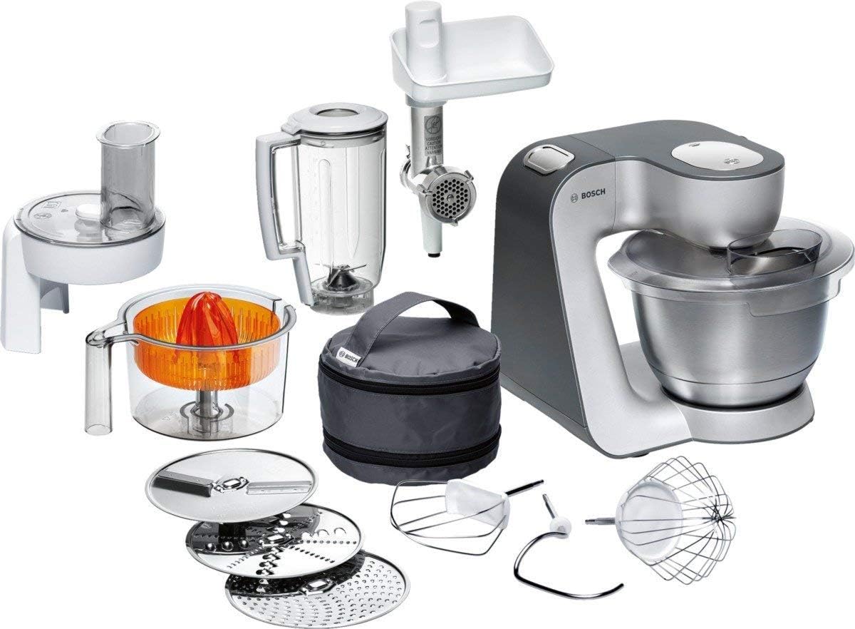 غذا ساز همه کاره سری 4 بوش Bosch MUM56340، کاسه 3.9 لیتری، مخلوط کن 1.25 لیتری، چرخ گوشت، آبمیوه گیری مرکبات، میکسر سیاره ای، قلاب خمیر، همزن، میکسر، خردکن پیوسته، 3 دیسک، 900 وات