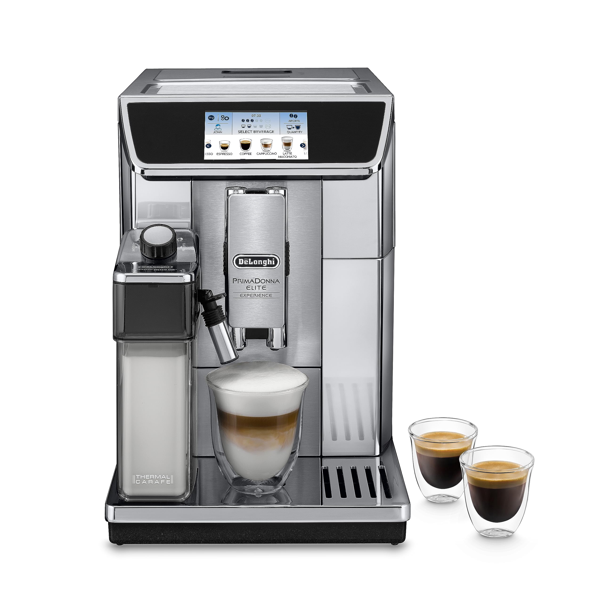 خرید از آمازون - قهوه ساز تمام اتوماتیک De'Longhi PrimaDonna Elite Experience ECAM 656.85.MS با سیستم شیر LatteCrema، کاپوچینو، نمایشگر رنگی 4.3 اینچی، کنترل برنامه، عملکرد نوشیدنی شکلات، جلوی فولاد ضد زنگ، صفحه نمایش رنگی نقره ای 4.3 اینچی تک