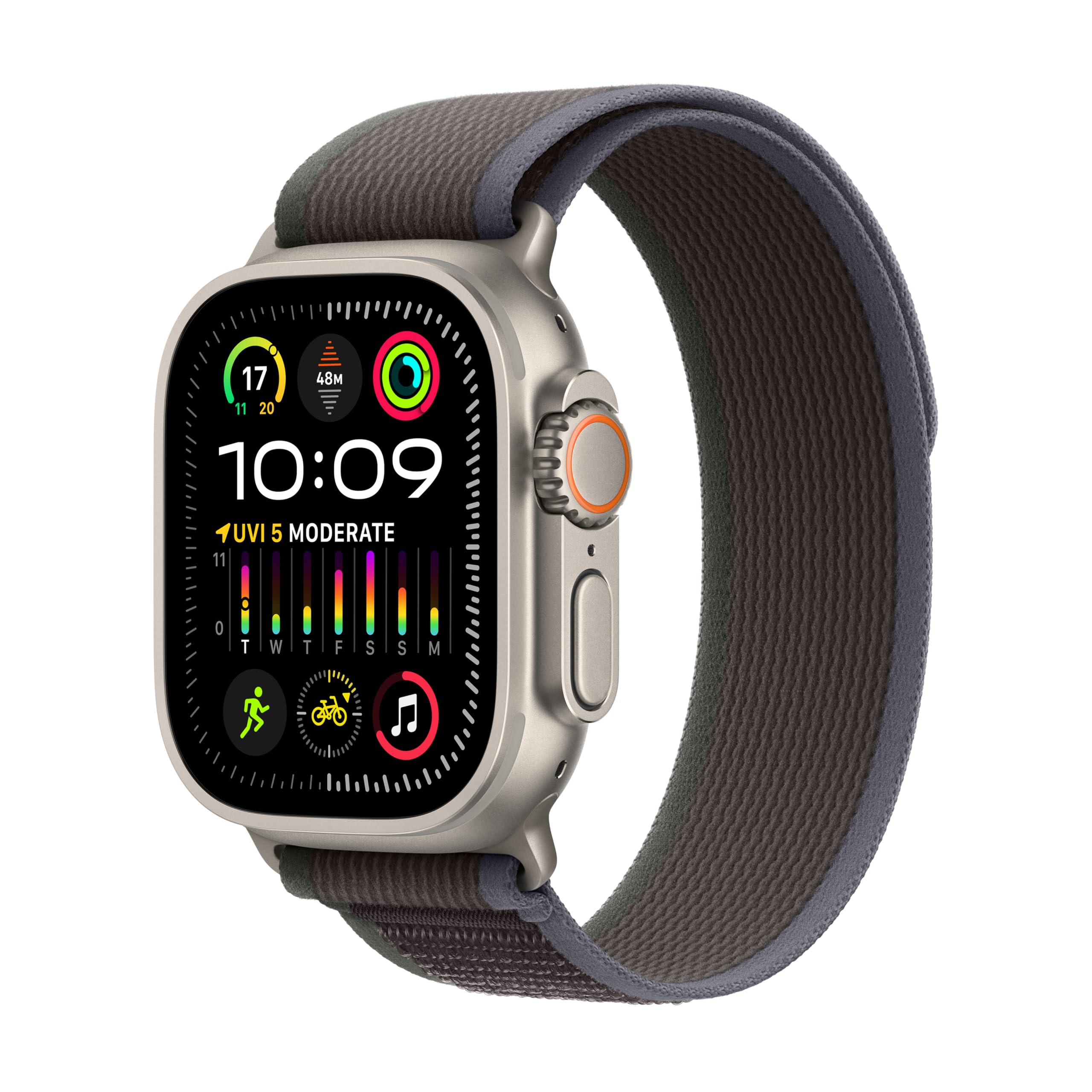 ساعت هوشمند اپل واچ Apple Watch Ultra 2 [GPS + Cellular 49mm] با قاب تیتانیوم مقاوم و حلقه آبی/مشکی M/L. ردیاب تناسب اندام، GPS دقیق، دکمه اکشن، عمر باتری بسیار طولانی، حلقه خنثی کربن M/L - متناسب با مچ دست 145-220 میلی متر آبی/مشکی