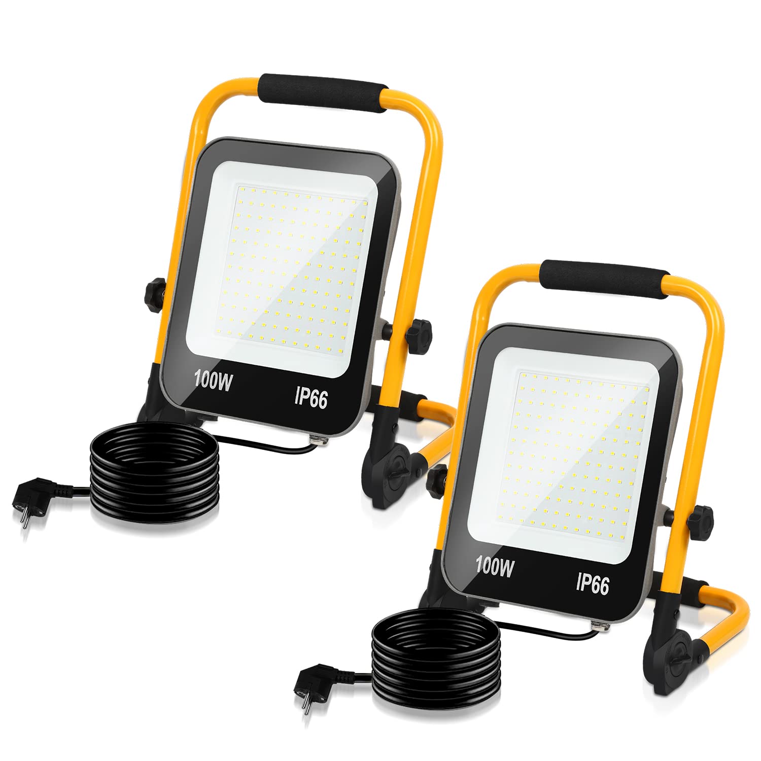 بسته 2 نورافکن LED ساخت و ساز 100 وات دارومیگو، چراغ کاری 10000LM، نورافکن LED با دوشاخه و کابل 3M، نورافکن ساختمانی ضد آب برای سایت های ساختمانی داخلی و خارجی، 6000K نور روز سفید، IP66