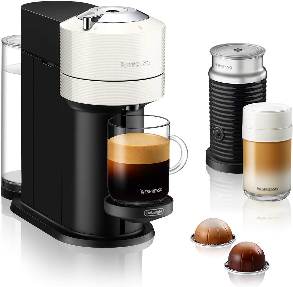 نسپرسو ساز دلونگی ایتالیا دستگاه کپسول قهوه نکست Nespresso DeLonghi ENV 120.WAE Vertuo با کف کننده شیر Aeroccino، سفید با کف کننده شیر