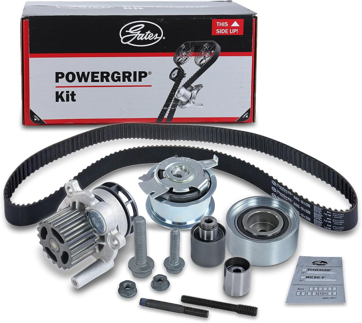 کیت کامل تسمه تایم خودرو آئودی GATES PowerGrip + واترپمپ مدل KP15648XS-1 با بلبرینگ و قطعات جانبی