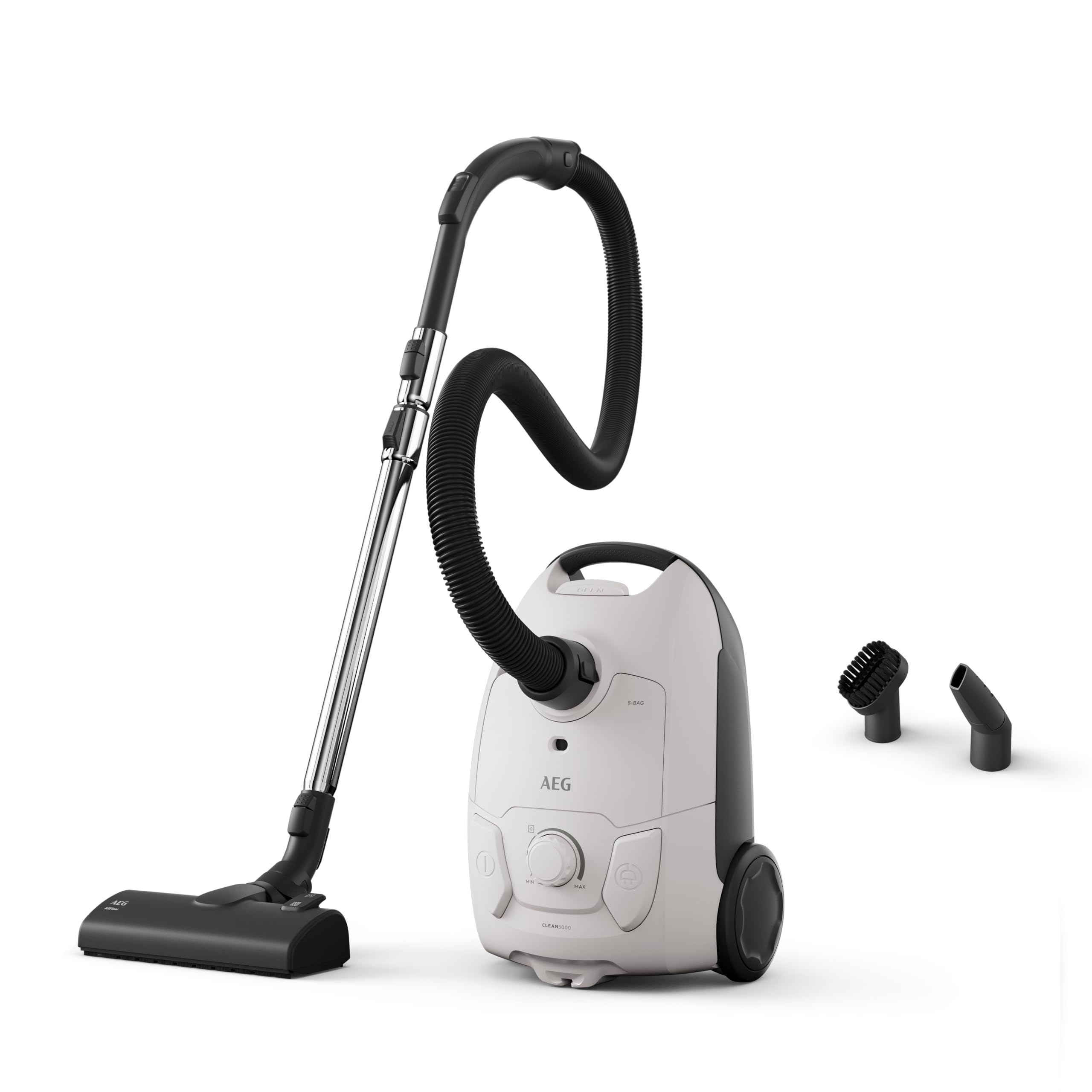 جاروبرقی کیسه‌ای AEG CLEAN 5000، قدرت مکش بالا، ۳۷٪ پلاستیک بازیافتی، نازل کف کلیکی AllFloor، نازل چند منظوره ۲ در ۱، شعاع عملکرد ۸.۵ متر، فیلتر بهداشتی قابل شستشو، AB51C1SW سفید