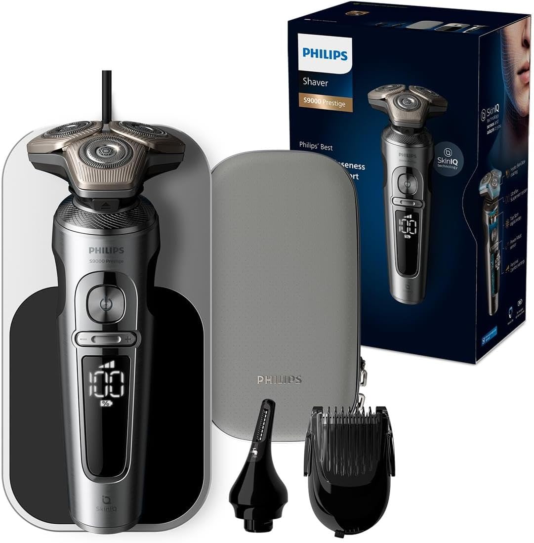 ریش تراش فیلیپس هلند مدل SP9871/22 S9000 ریش تراش برقی مرطوب و خشک، کروم براق، سیستم اصلاح لیفت و برش، فناوری SkinIQ، پد شارژ Qi، ریش تراش، موبر بینی شامل پد شارژ Qi، اصلاح کننده دقیق ریش و ریش تراش. کیس حق بیمه